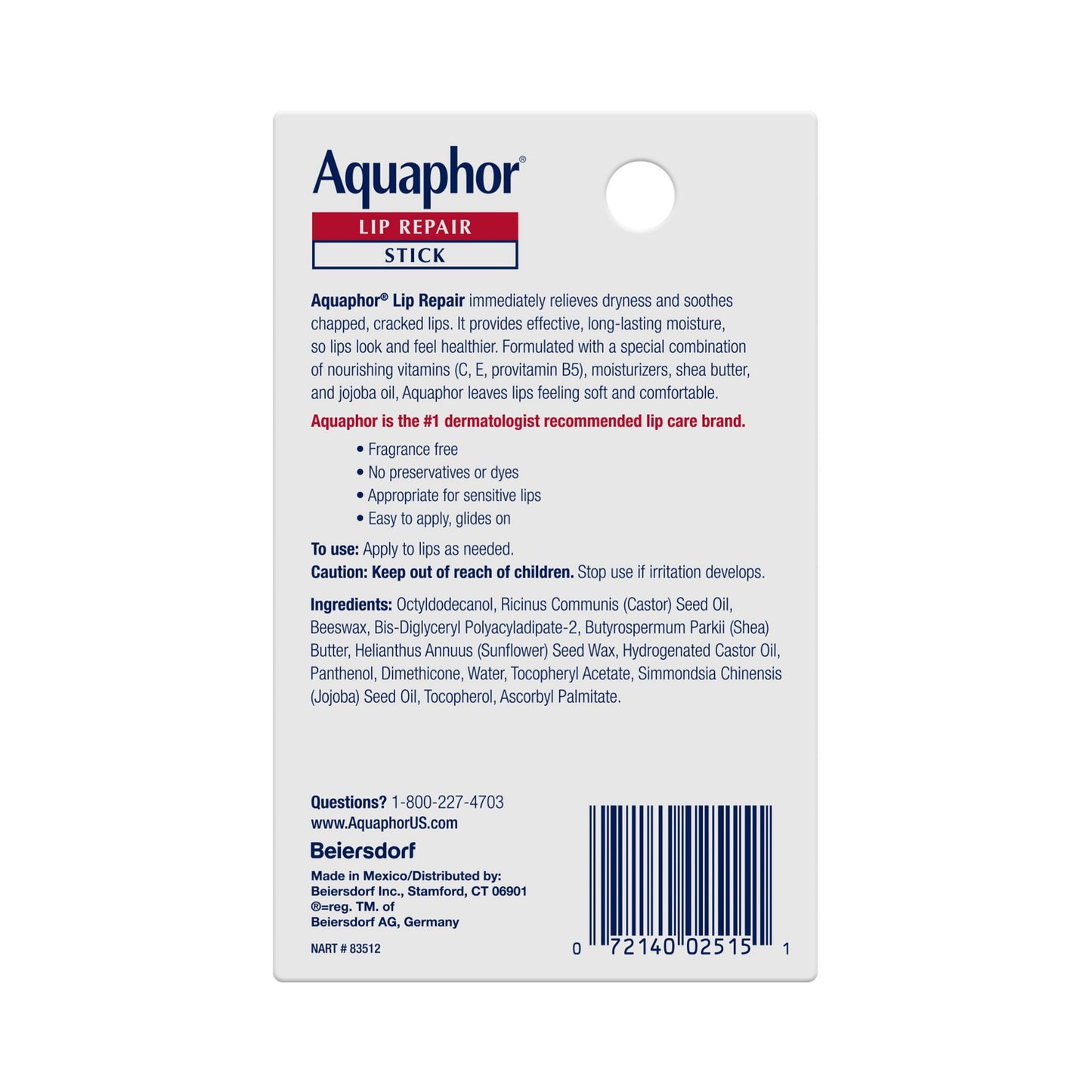 Aquaphor Lip Repair Stick Immediate Relief Fragrance Free 4.8g
