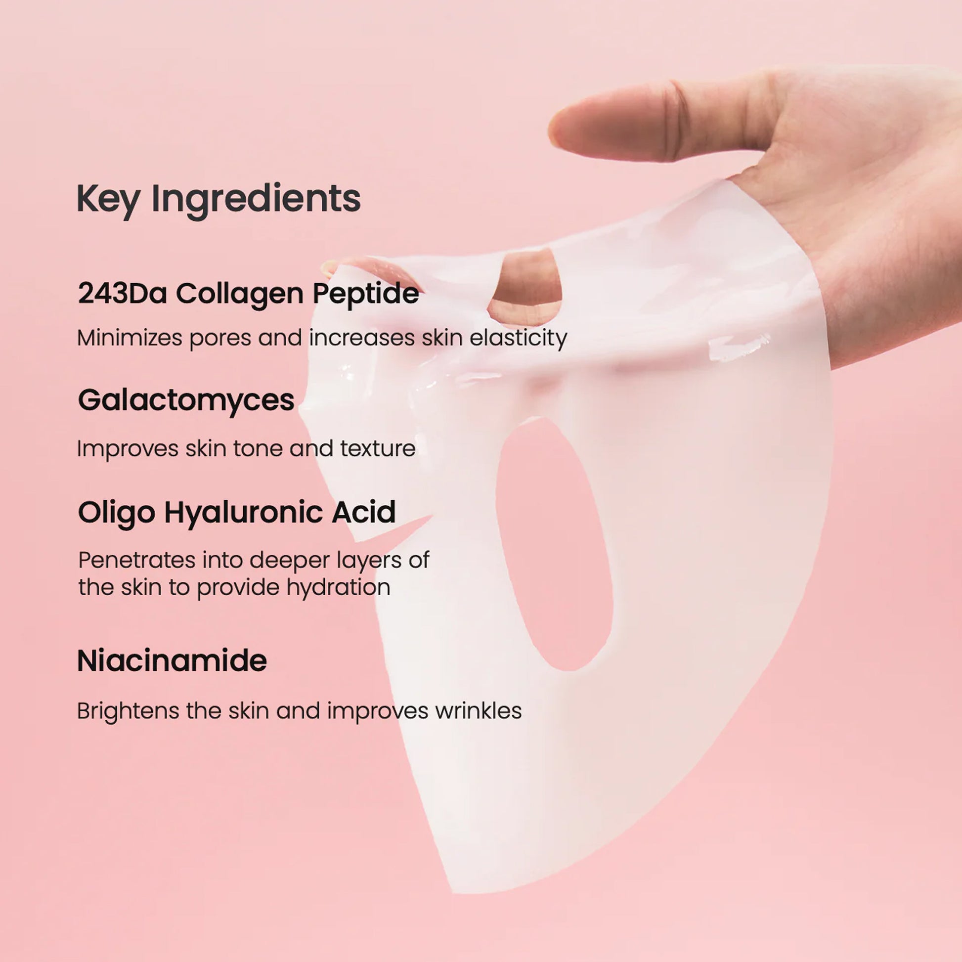 Sheet mask with key ingredients listed on a pink background