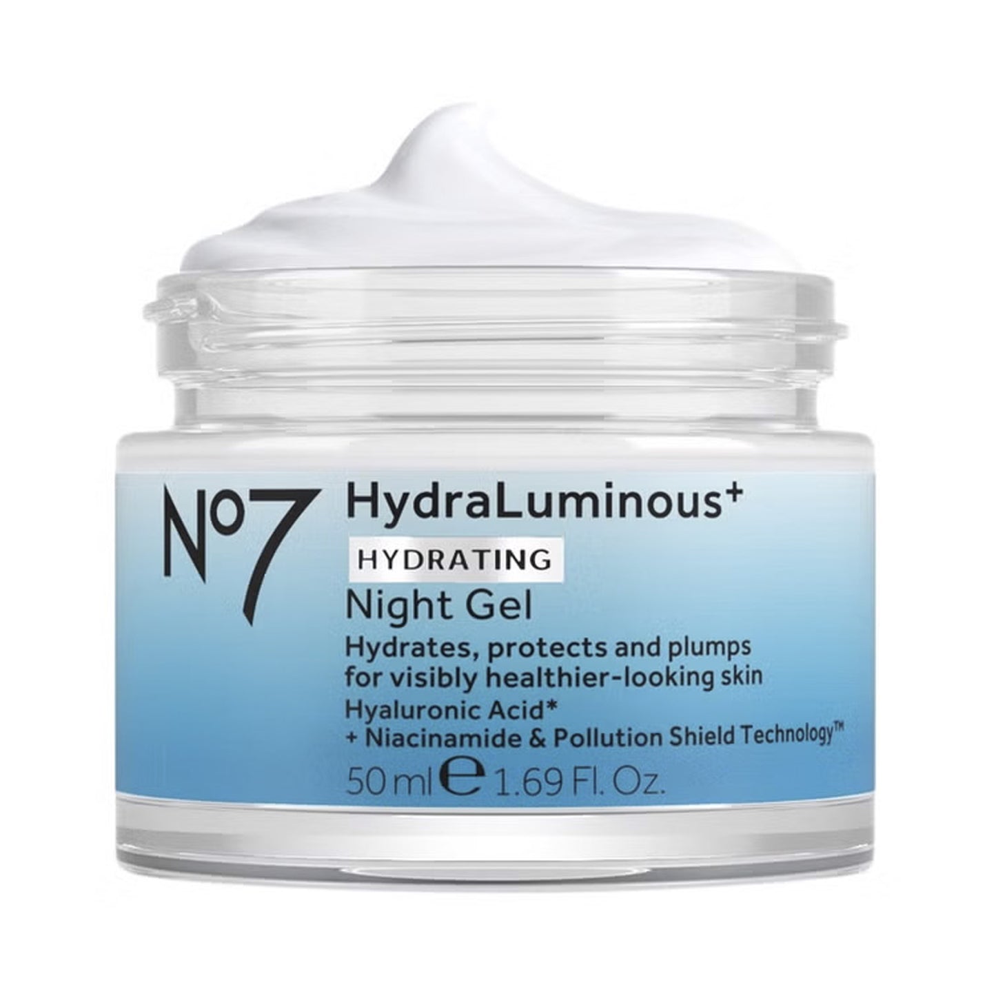 No7 HydraLuminous Hydrating Night Gel jar on a white background