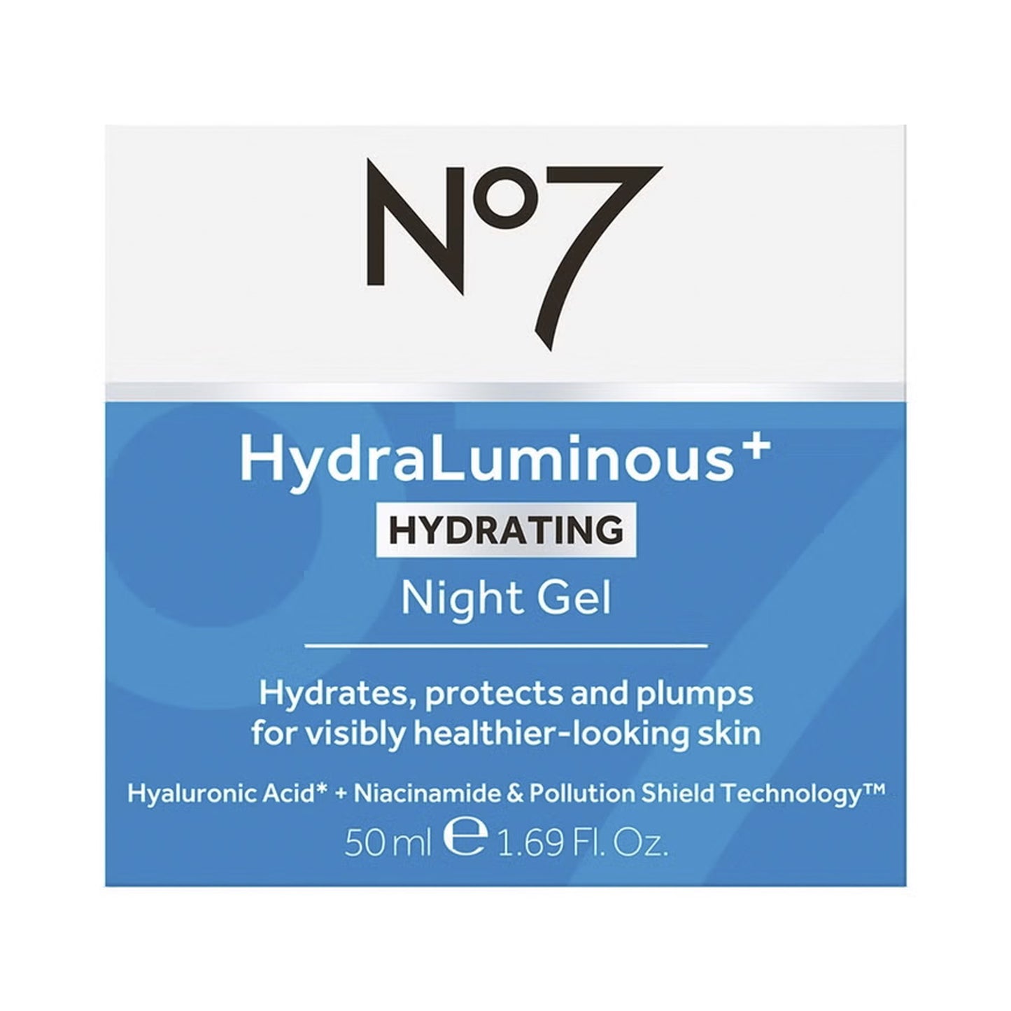No7 HydraLuminous+ Hydrating Night Gel packaging on a white background