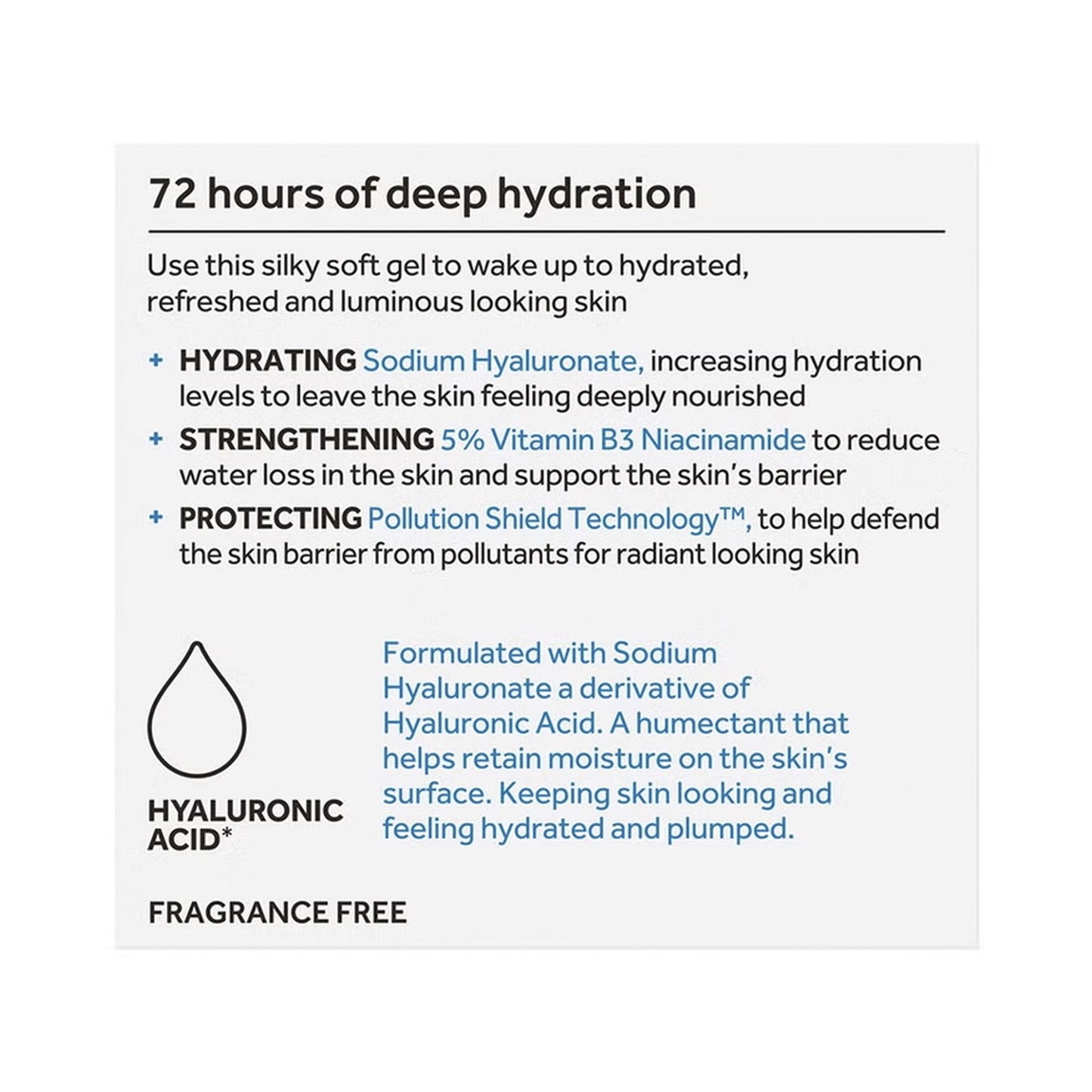 Product description card detailing hydration benefits and ingredients on a white background