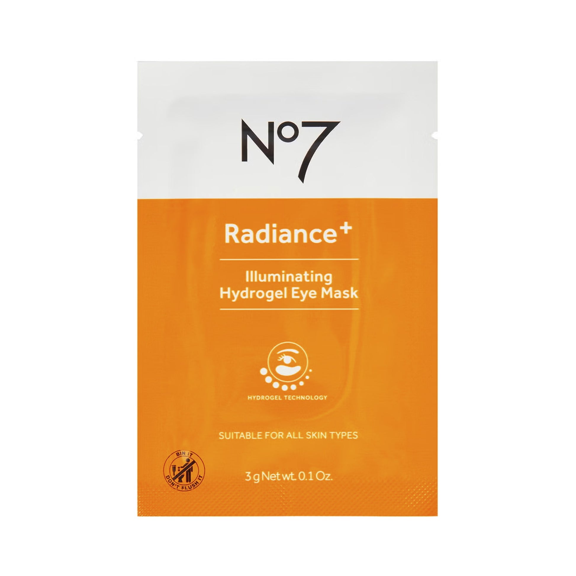 No7 Radiance+ Illuminating Hydrogel Eye Mask packaging on a white background