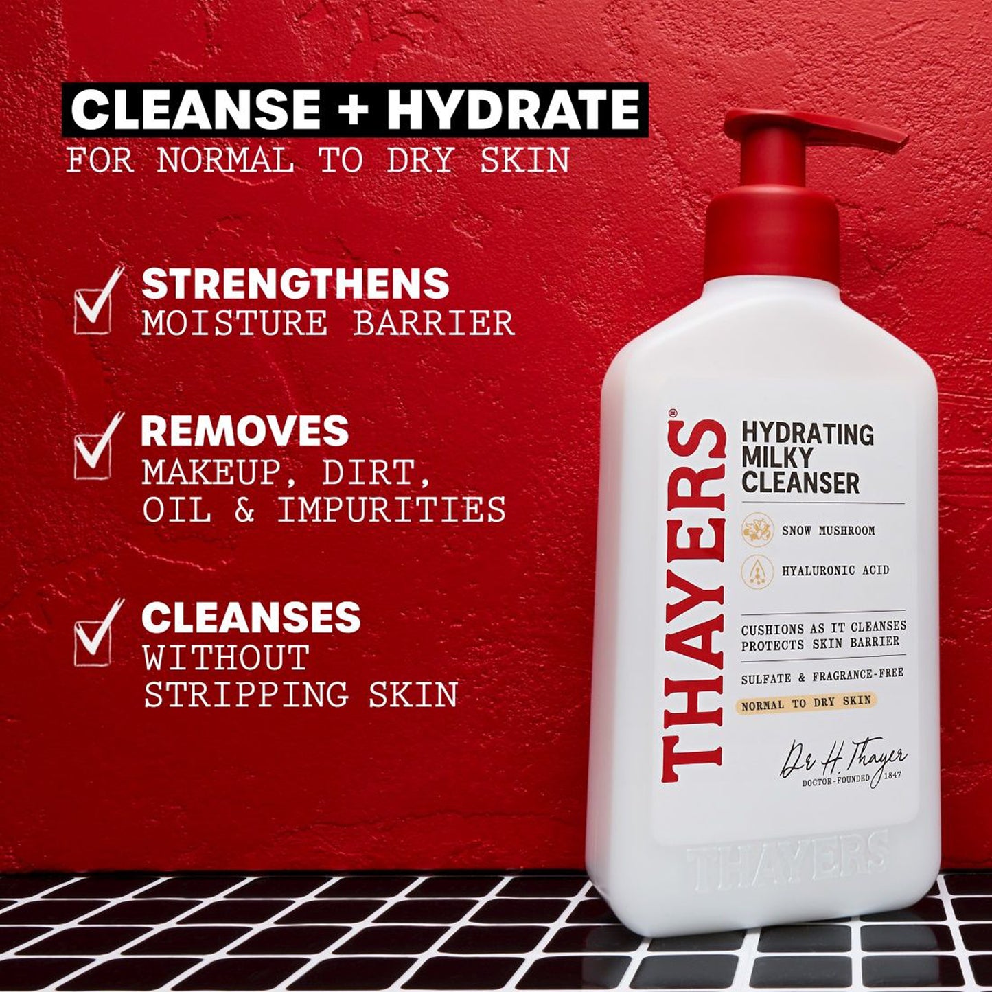Thayers Hydrating Milky Cleanser bottle with product benefits on a red background