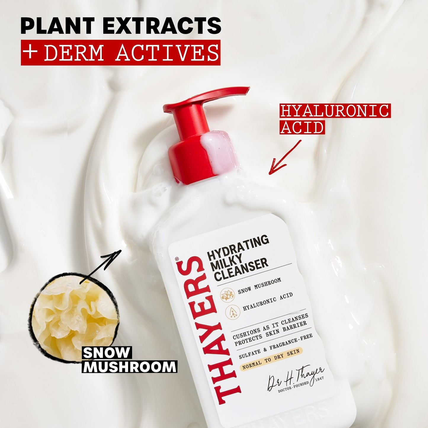 Thayers Hydrating Milky Cleanser bottle with plant extracts and derm actives on a white background