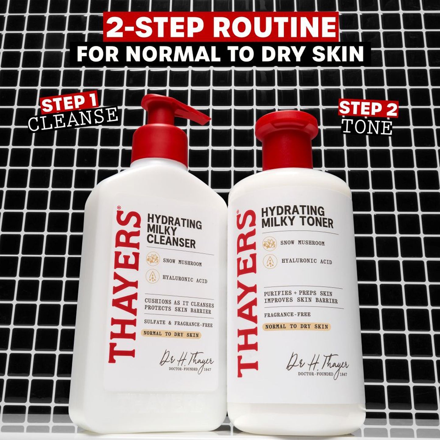 Two bottles of Thayers Hydrating Milky products on a black tiled background with text indicating a 2-step routine.