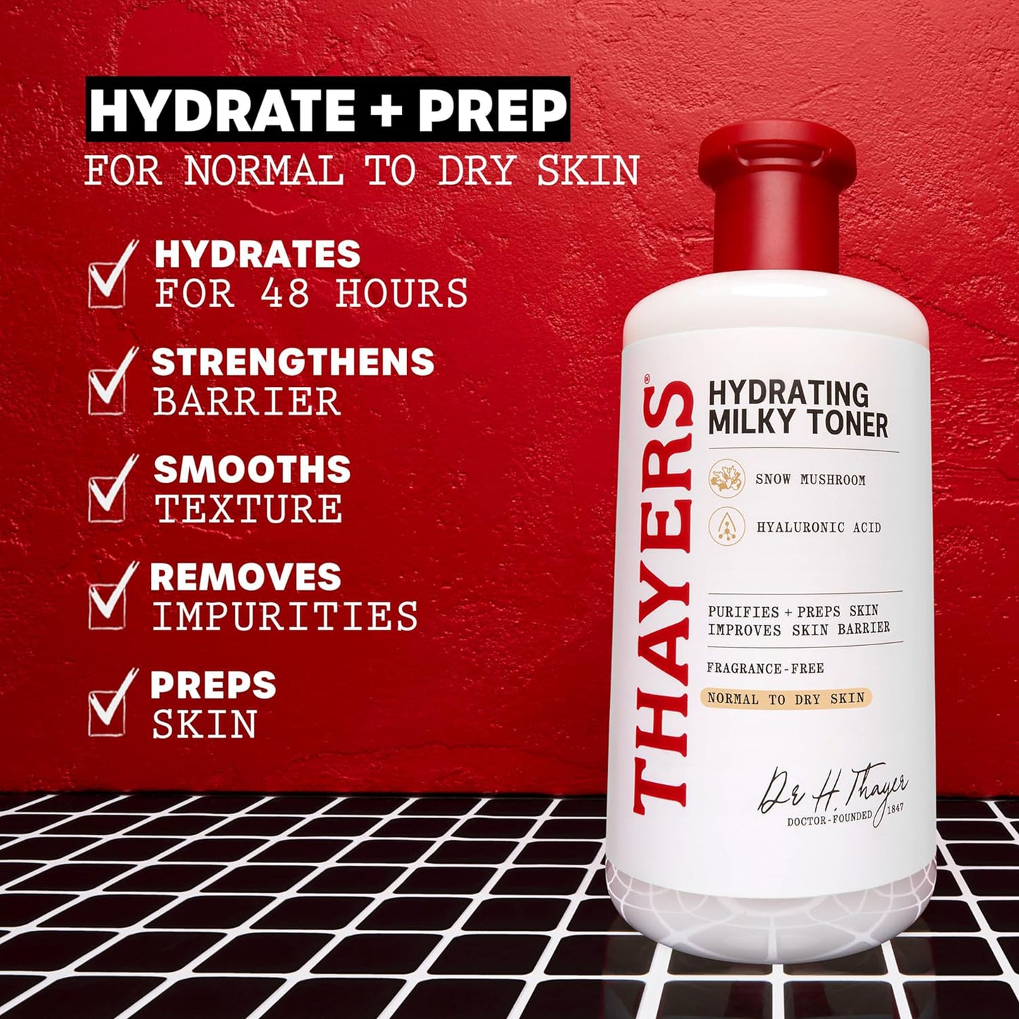 Thayers Hydrating Milky Toner bottle with product benefits on a red background