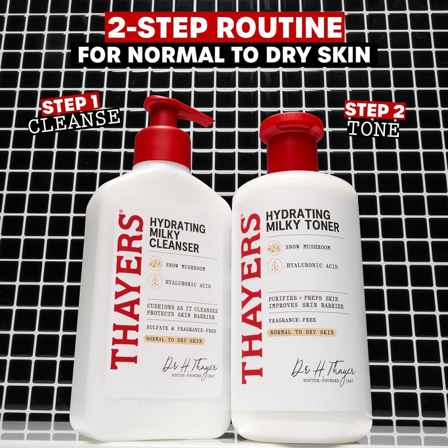 Two bottles of Thayers Hydrating Milky products on a black tiled background with text indicating a 2-step routine.