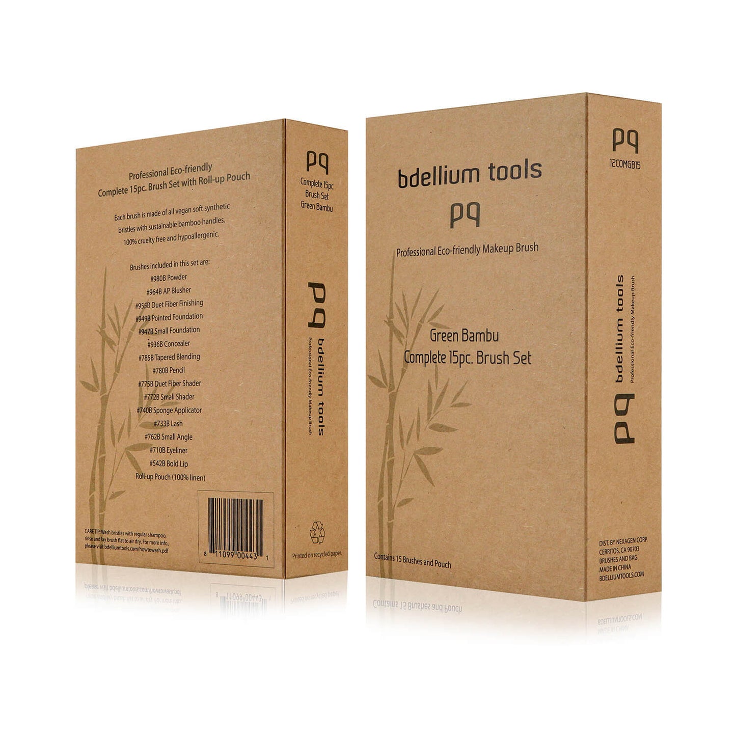 BDellium Tools Green Bambu Complete 15pc. Brush Set with Roll-up Pouch Package