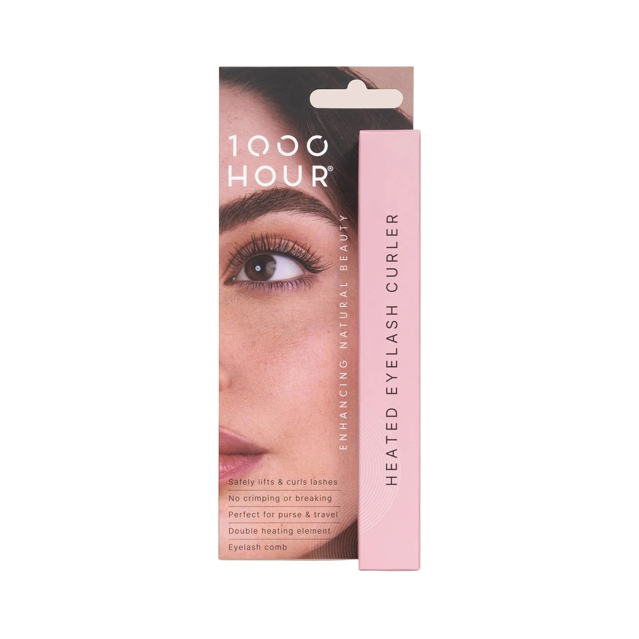 1000 Hour heated eyelash curler packaging with a close-up of an eye on a beige background