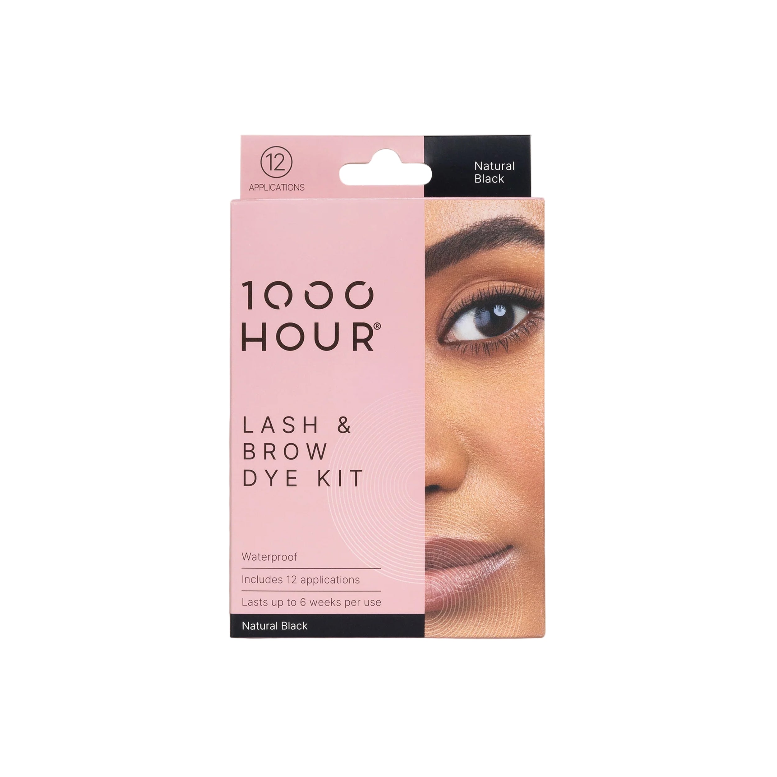 1000 Hour Lash & Brow Dye Kit packaging with a model's face on a white background