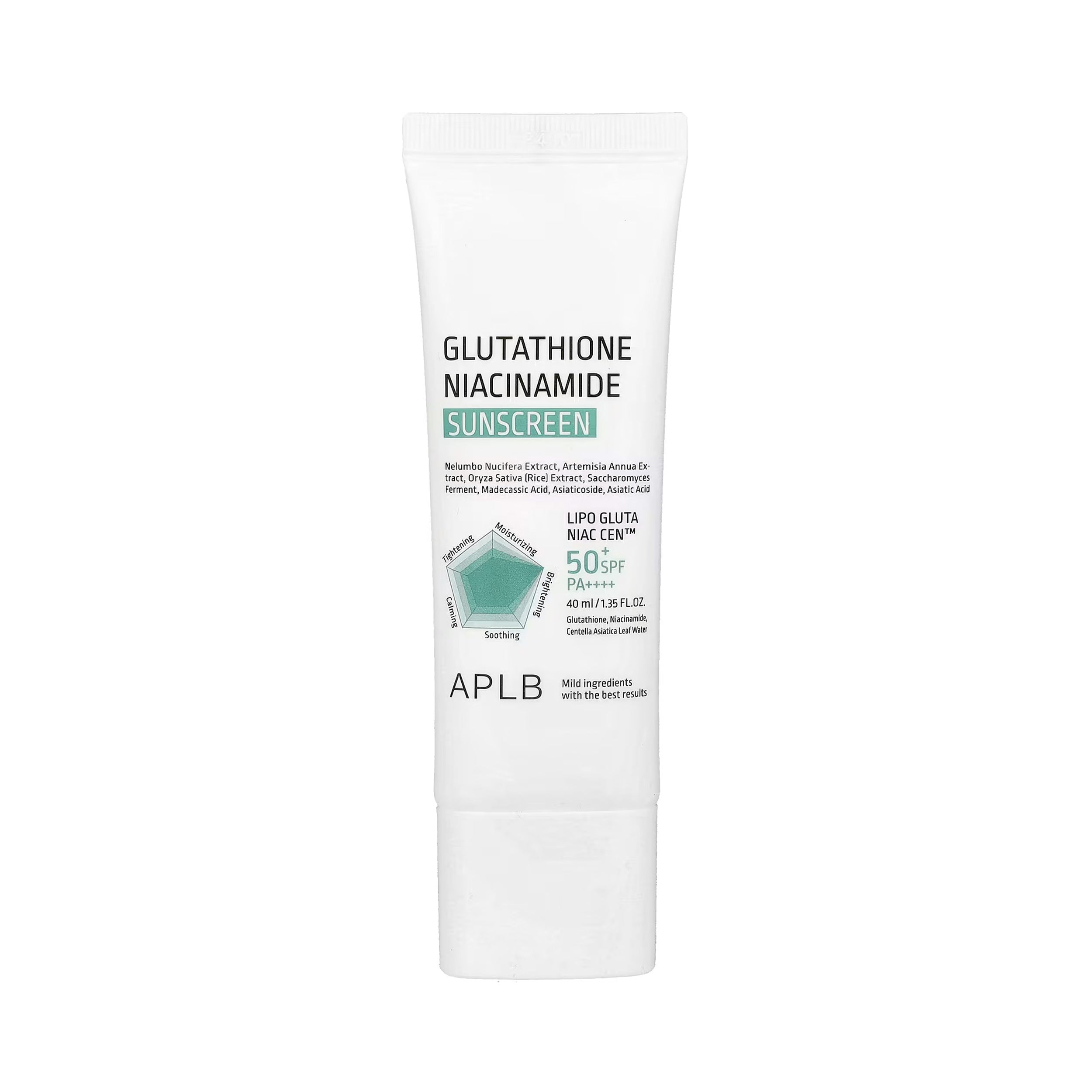 Sunscreen tube labeled 'Glutathione Niacinamide' with APLB branding on a white background
