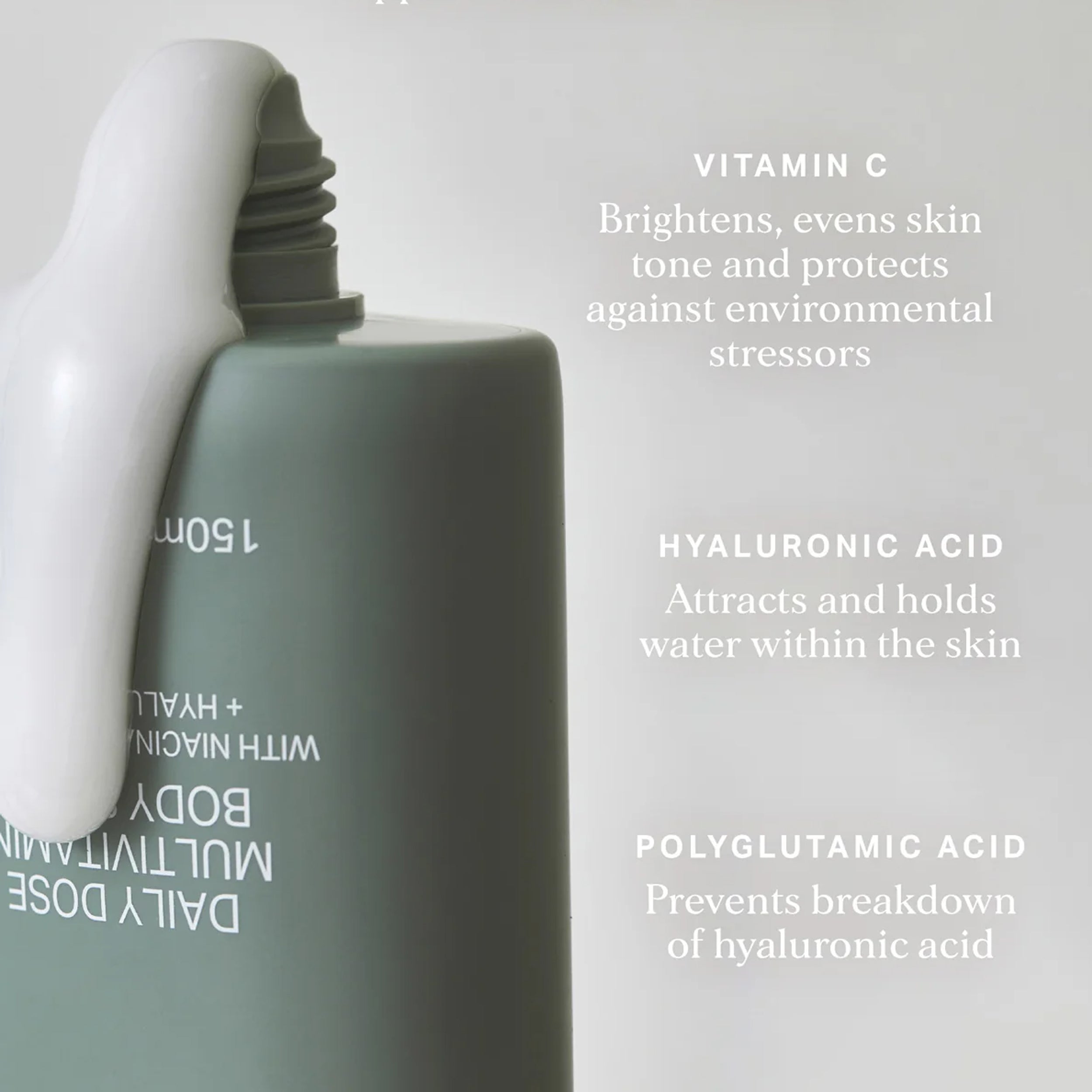 Skincare bottle with text highlighting ingredients and benefits on a light gray background
