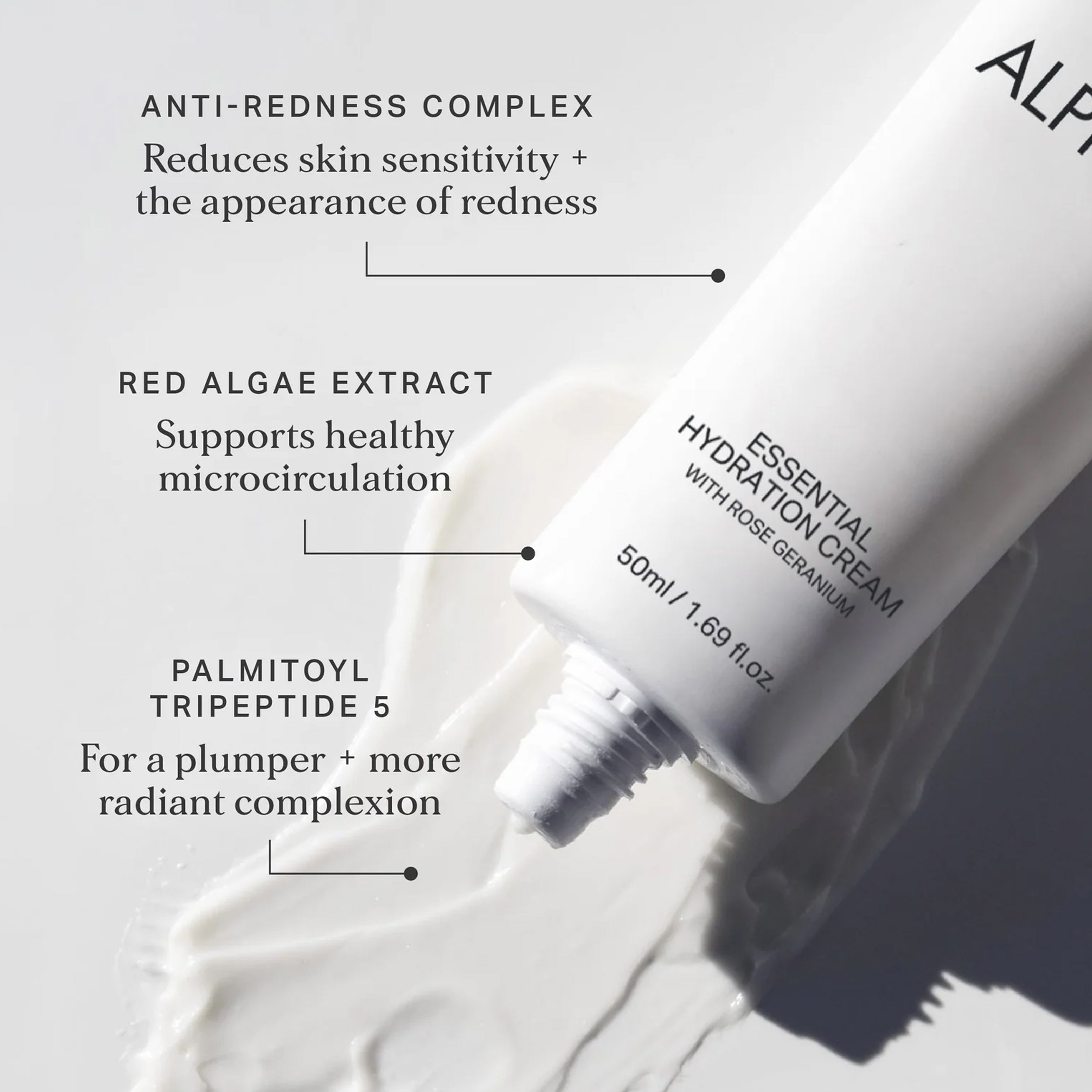 Skincare cream bottle with text highlighting ingredients and benefits on a light background