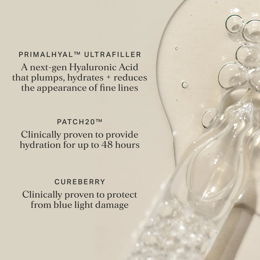 Cosmetic product with text about Primalhyal Ultrafiller, PATCH20, and Cureberry on a beige background.
