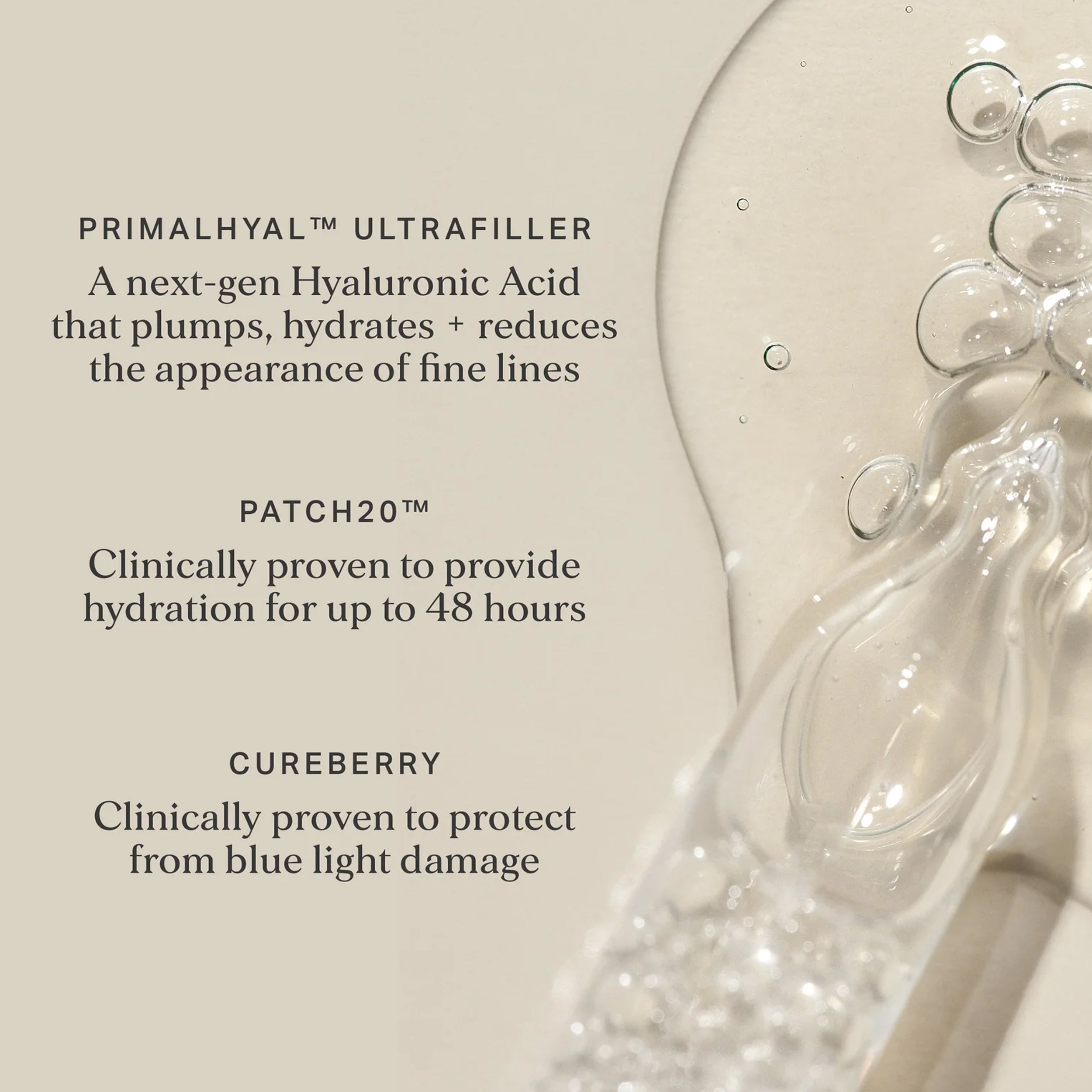 Cosmetic product with text about Primalhyal Ultrafiller, PATCH20, and Cureberry on a beige background.