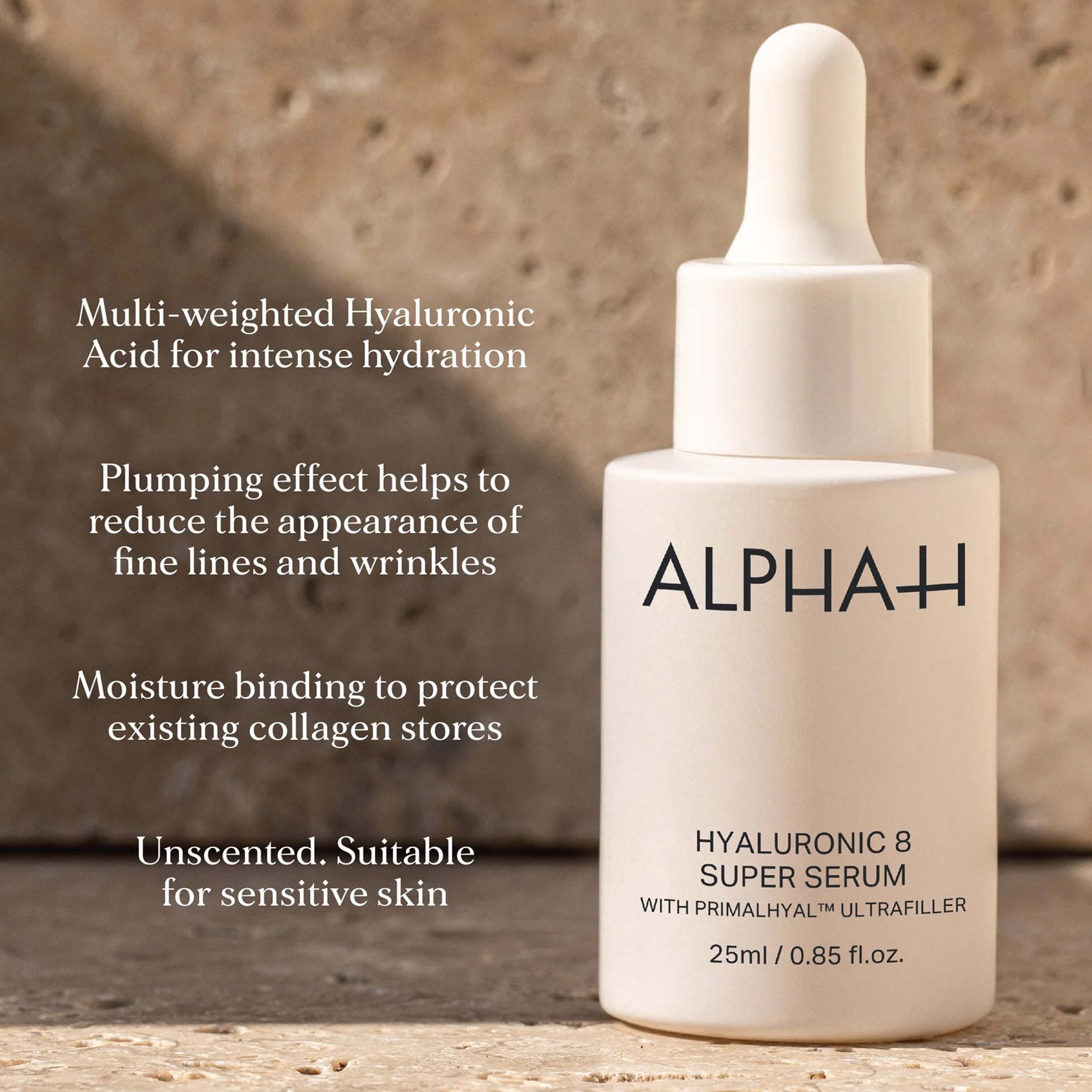 Alpha-H Hyaluronic 8 Super Serum bottle with product details on a textured background