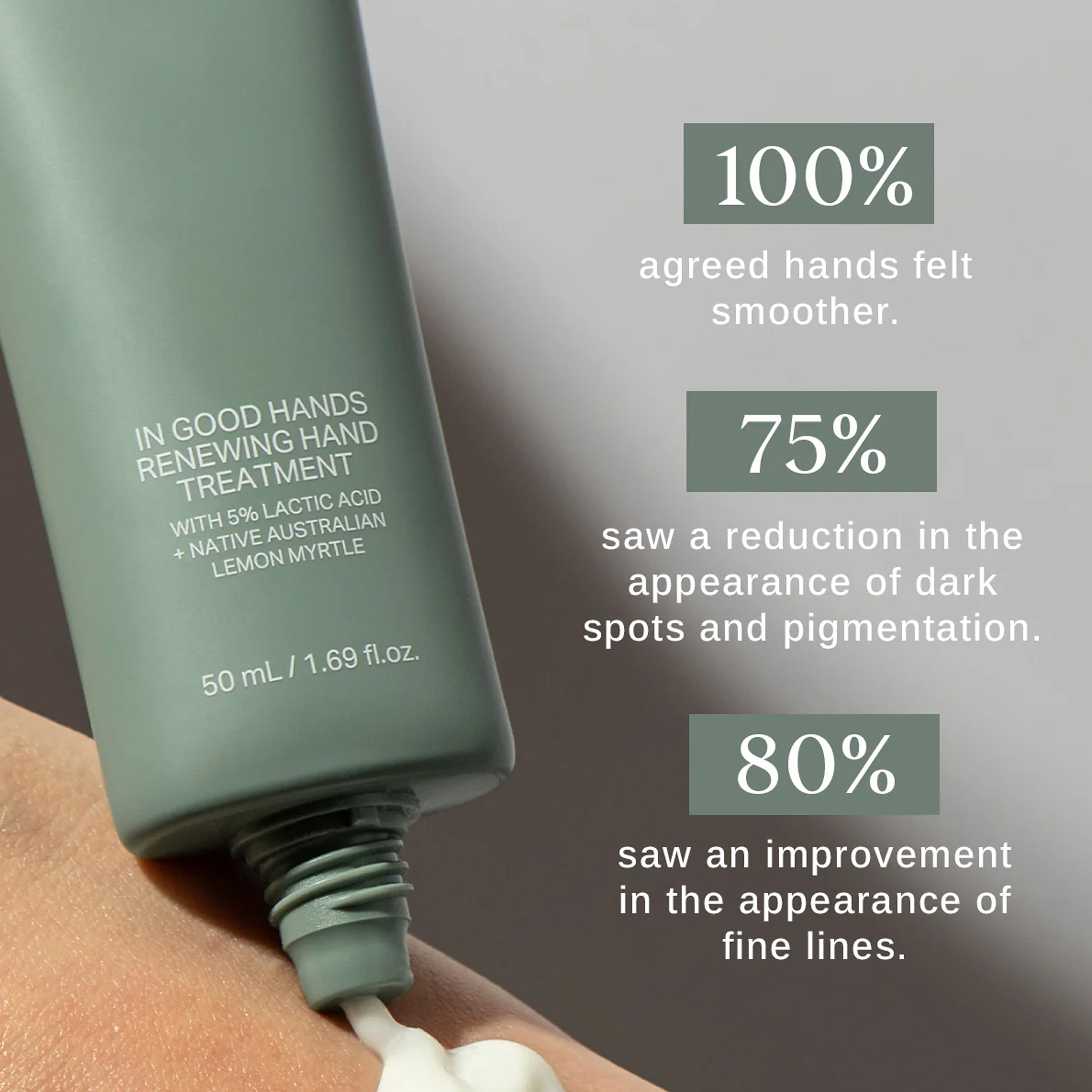Hand cream tube with application on skin and usage statistics on a gray background