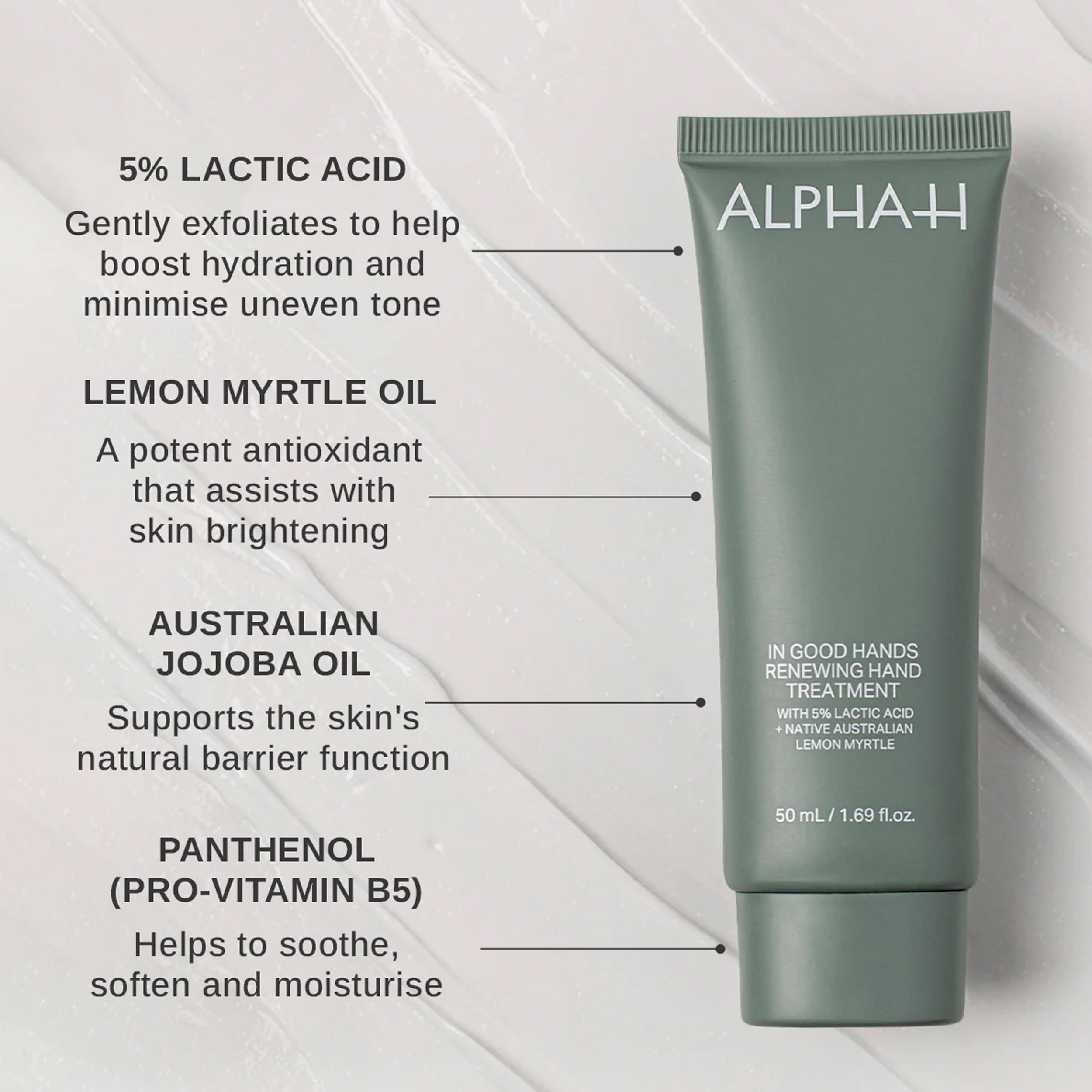 Green skincare tube with ingredients listed on a light gray background