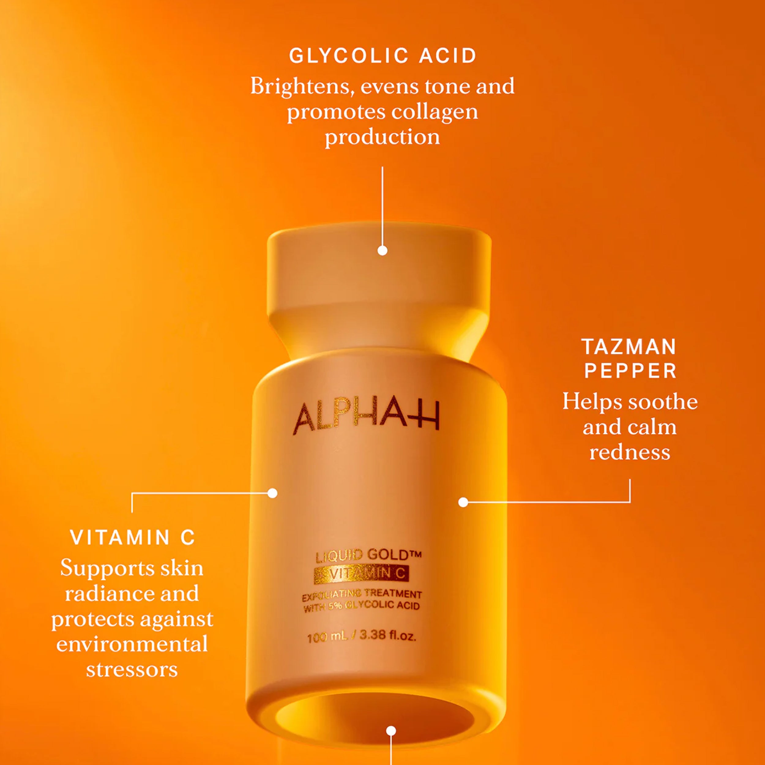 Alpha-H Liquid Gold Vitamin C skincare product with text on an orange background