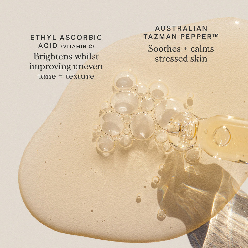 Skincare product with ethyl ascorbic acid and Australian Tazman pepper on a beige background