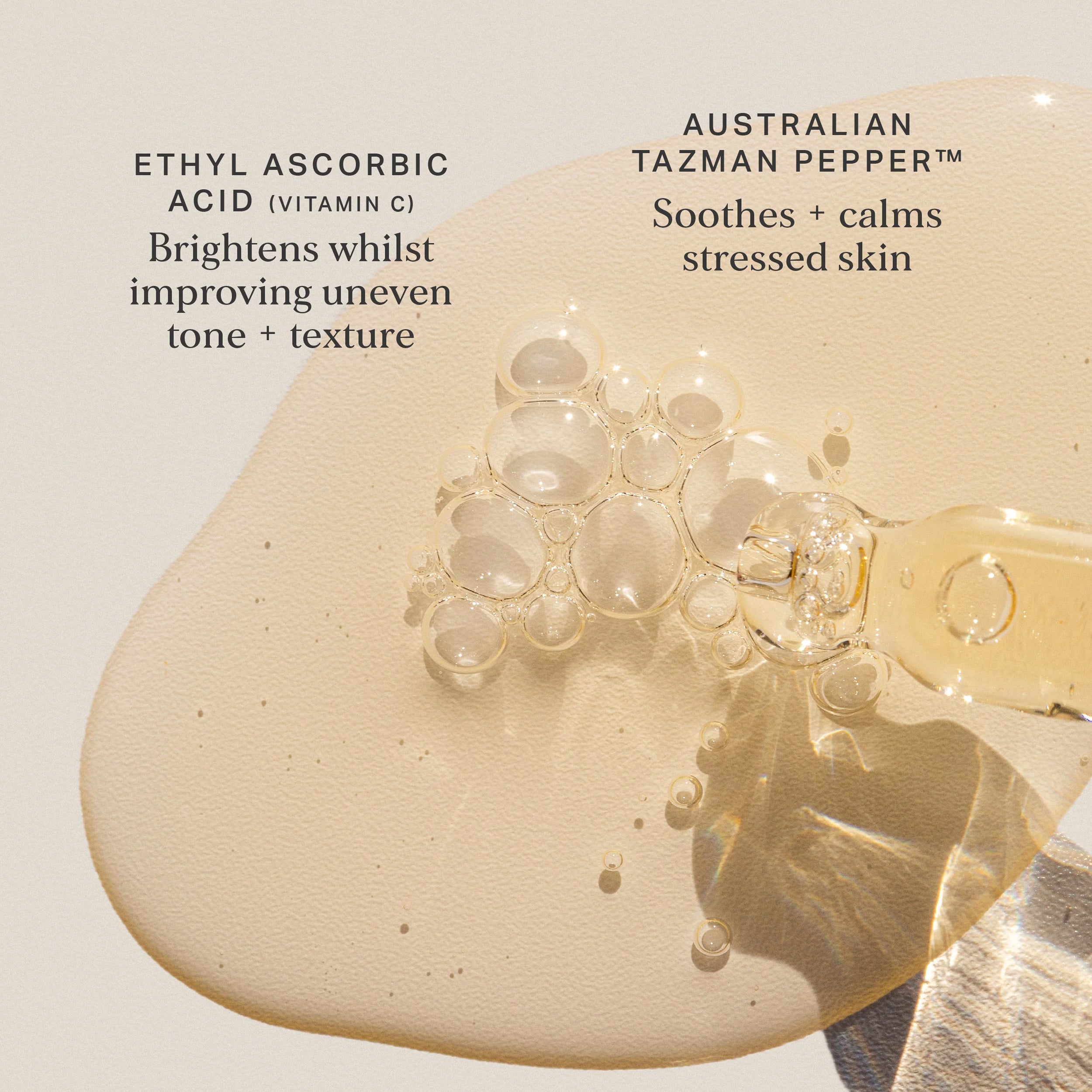 Skincare product with ethyl ascorbic acid and Australian Tazman pepper on a beige background