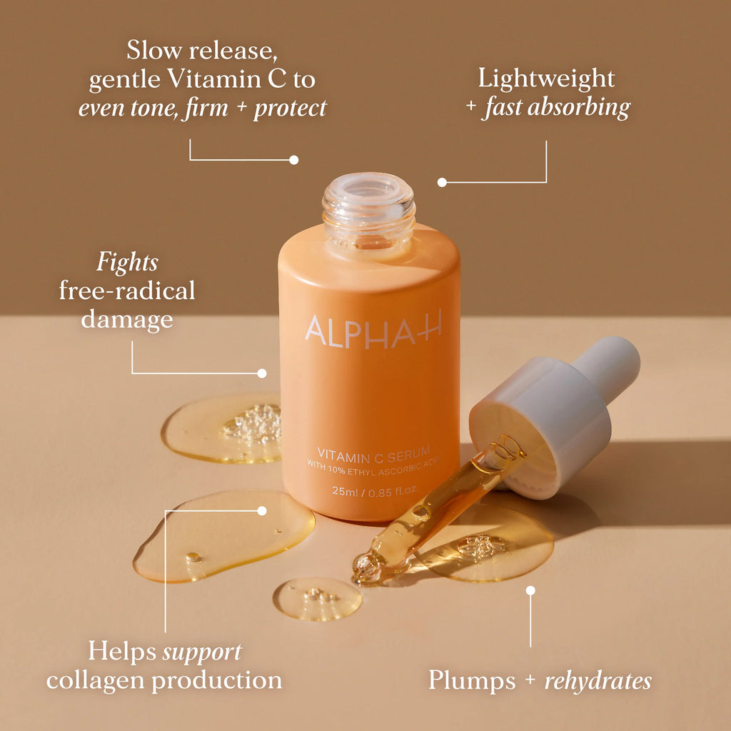 Alpha-H Vitamin C serum bottle with dropper on a beige background, featuring text about product benefits.