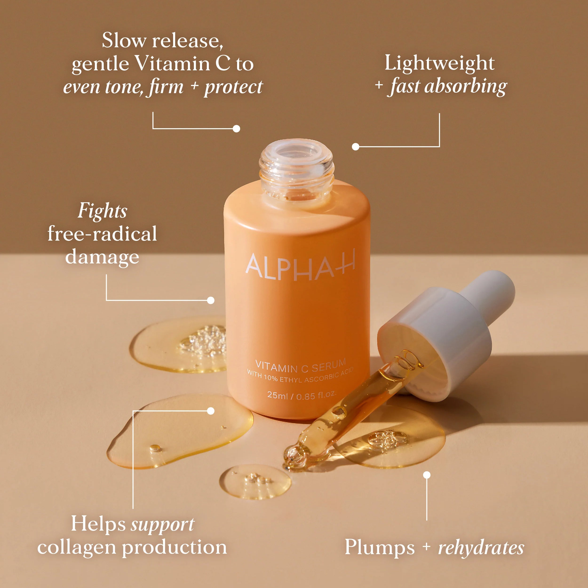 Alpha-H Vitamin C serum bottle with dropper on a beige background, featuring text about product benefits.