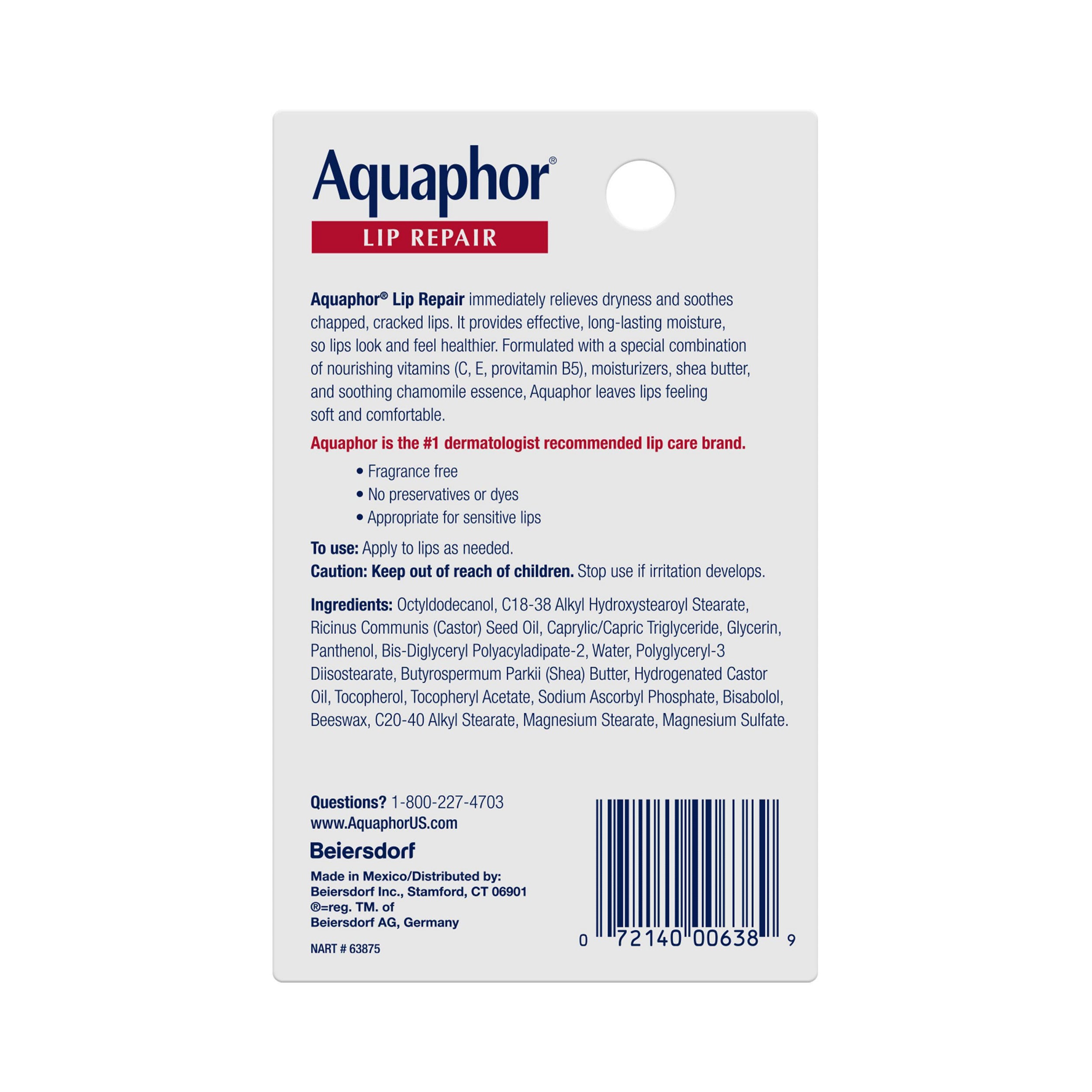 Aquaphor Lip Repair Ointment Immediate Relief Fragrance Free