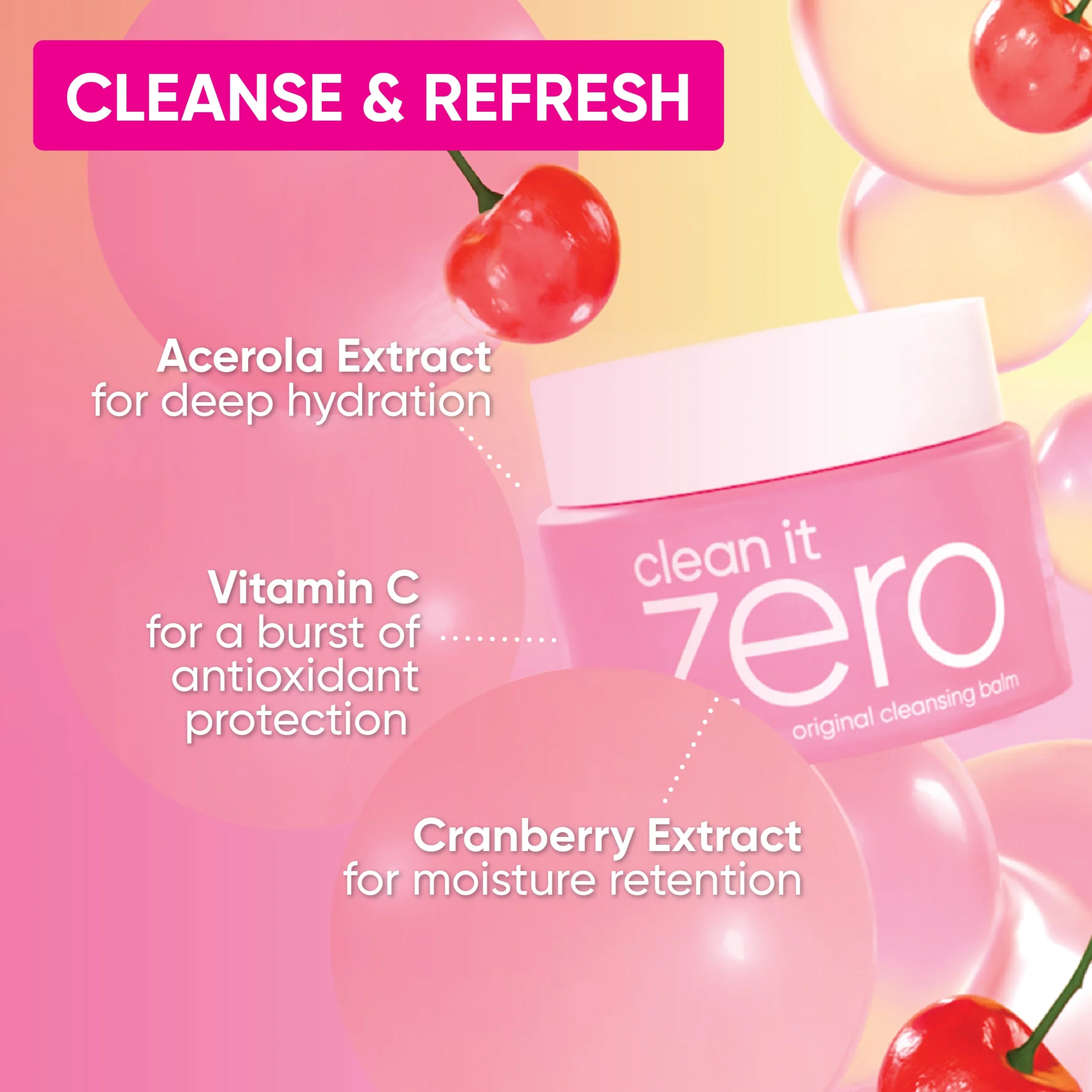 Cleansing balm with Acerola Extract, Vitamin C, and Cranberry Extract on a pink and yellow background.