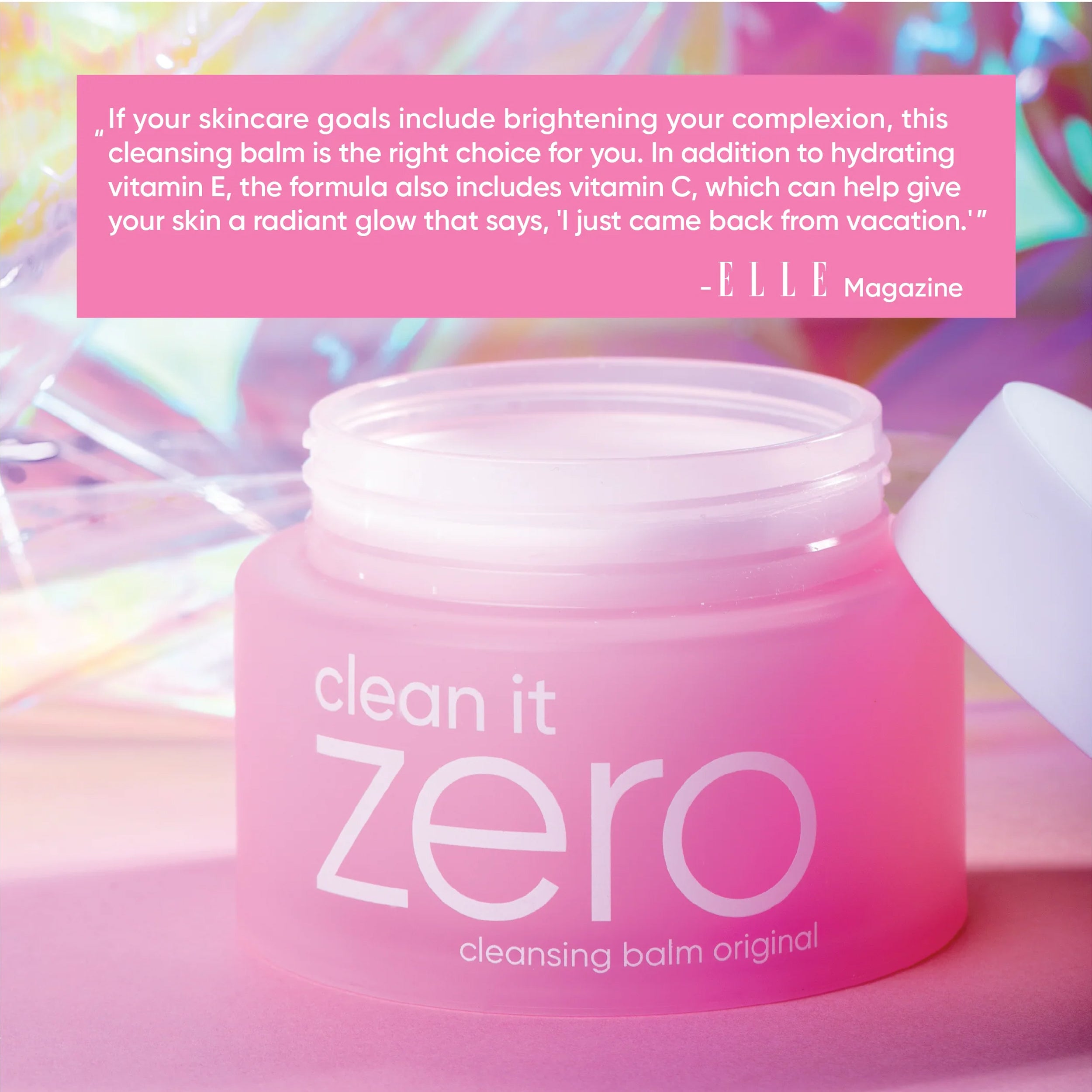 Pink cleansing balm jar labeled 'clean it zero' with ELLE Magazine text on a colorful background