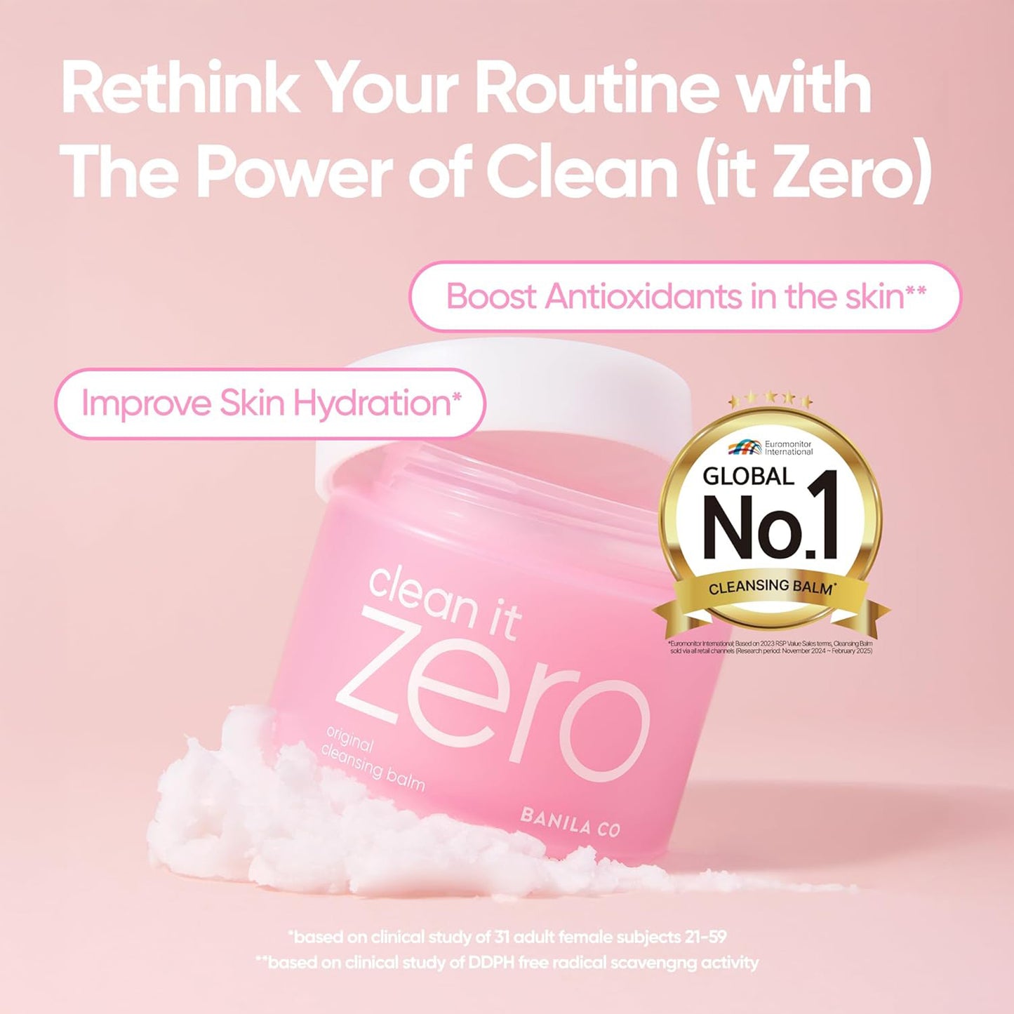 Pink cleansing balm jar labeled 'clean it zero' with text on a pink background