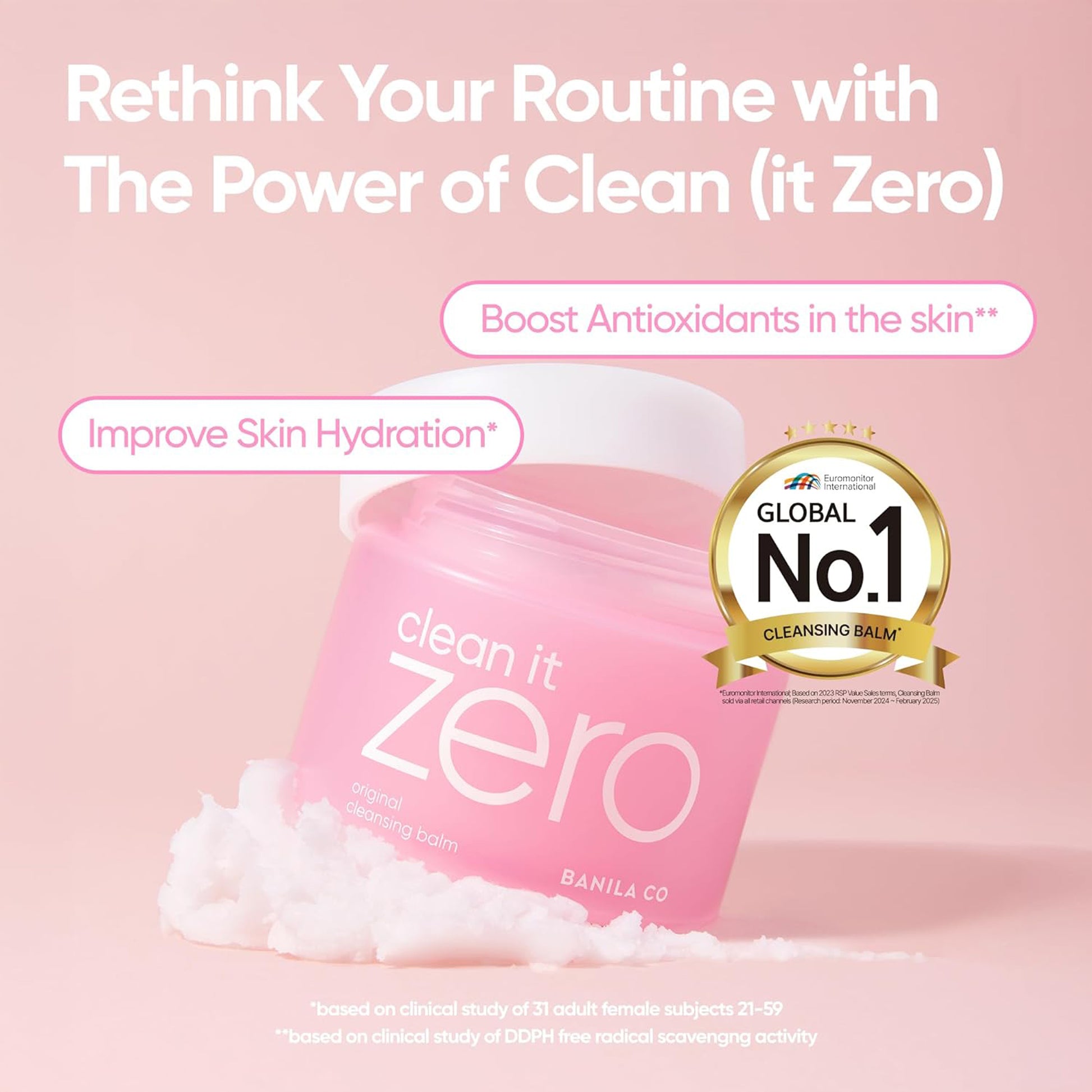Pink cleansing balm jar labeled 'clean it zero' with text on a pink background