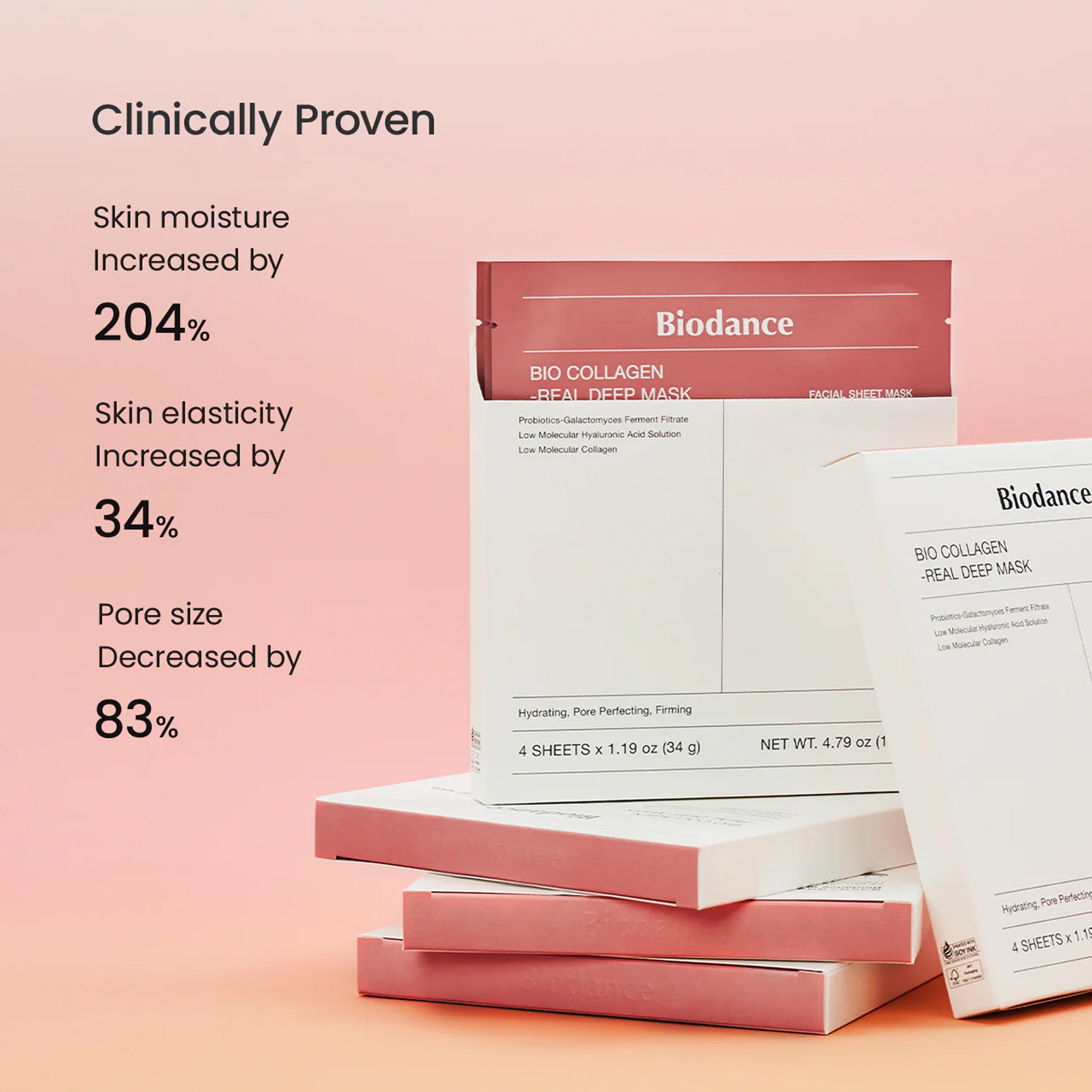 Biodance Bio Collagen Real Deep Mask packaging with clinical benefits on a pink background