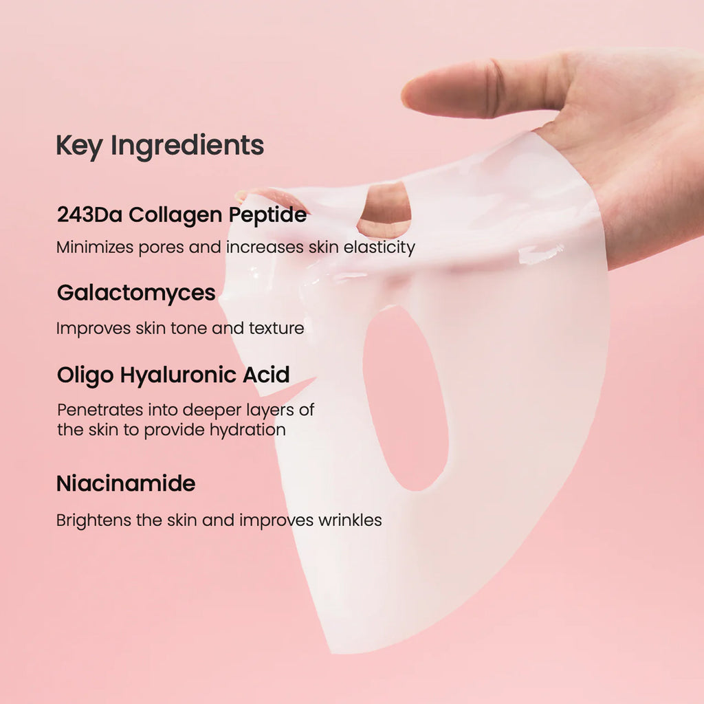 Sheet mask with key ingredients listed on a pink background