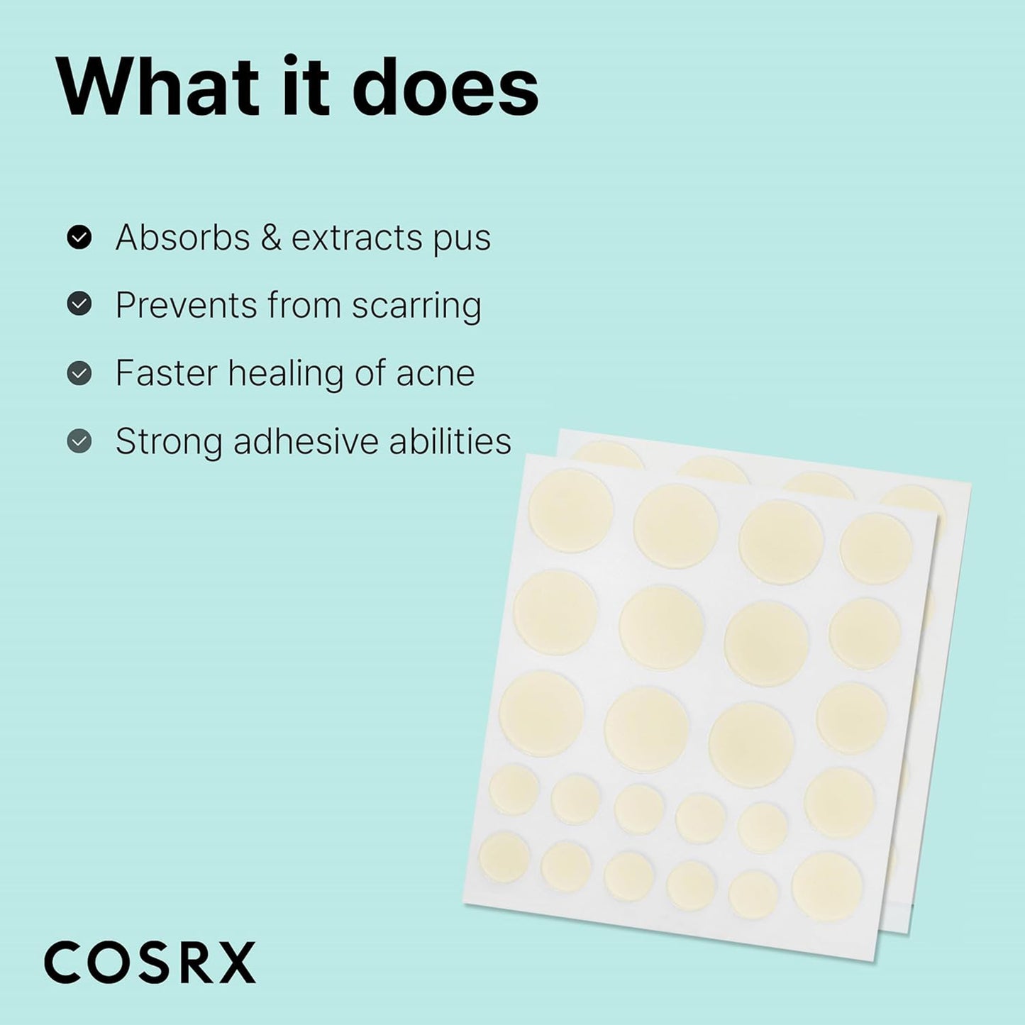 COSRX acne treatment product with features listed on a light blue background