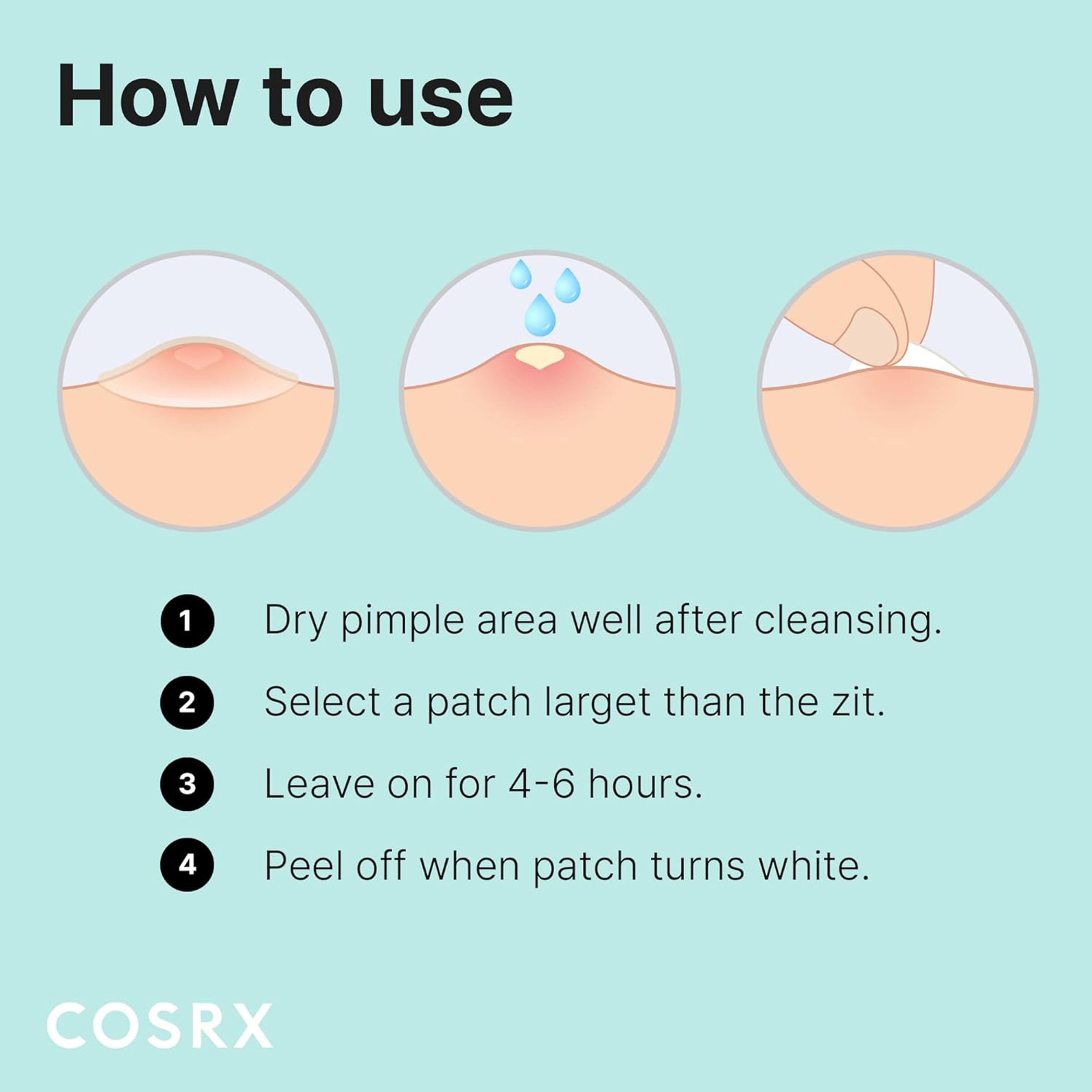 Cosrx patch usage instructions on a light blue background