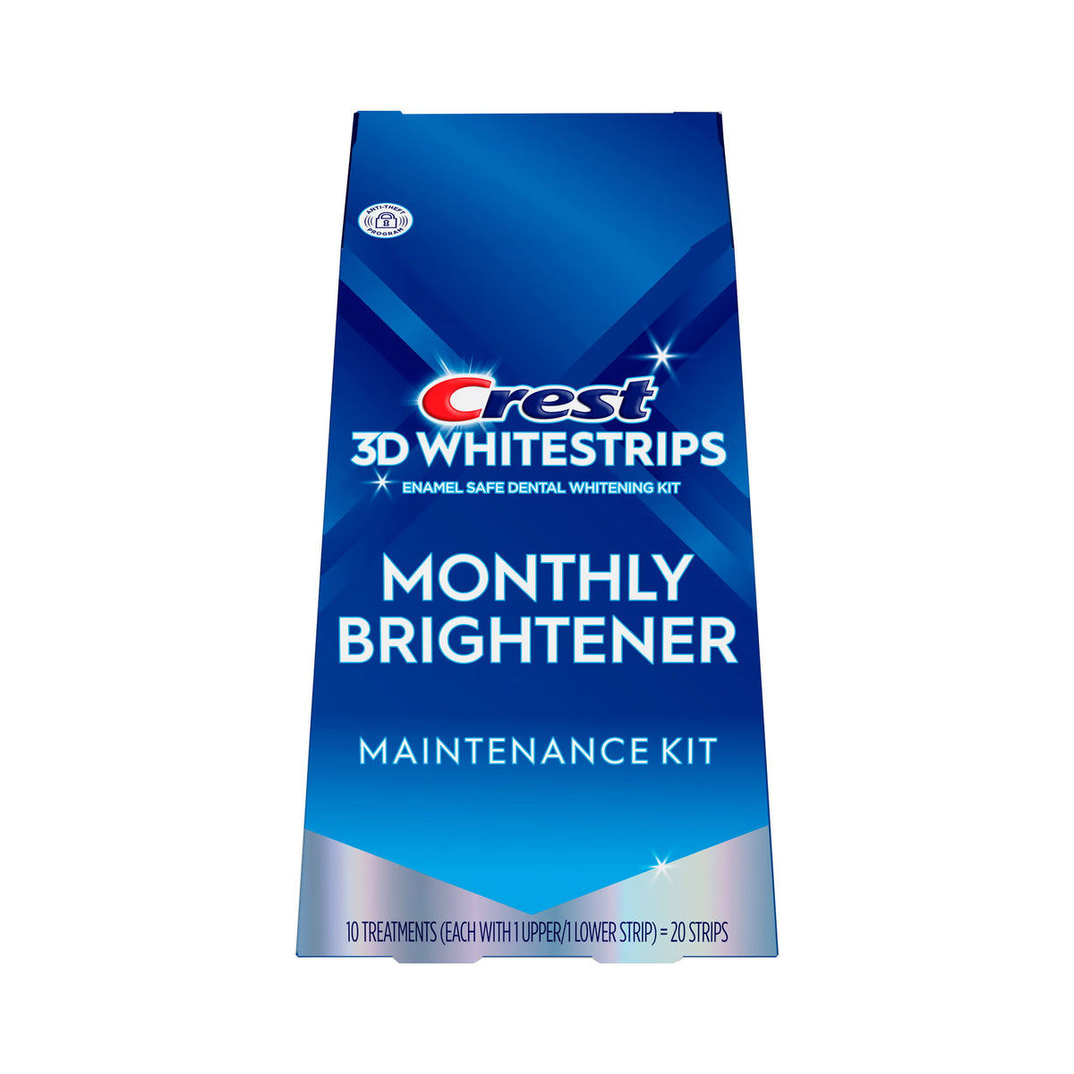 Crest 3D Whitestrips Monthly Brightener Maintenance Kit box, featuring a blue and white design with the red and white Crest logo, on a solid white background.