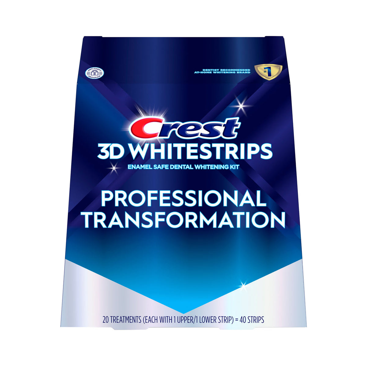 Crest 3D Whitestrips Professional Transformation enamel safe dental whitening kit packaging, featuring a blue and white design with the red and white Crest logo.
