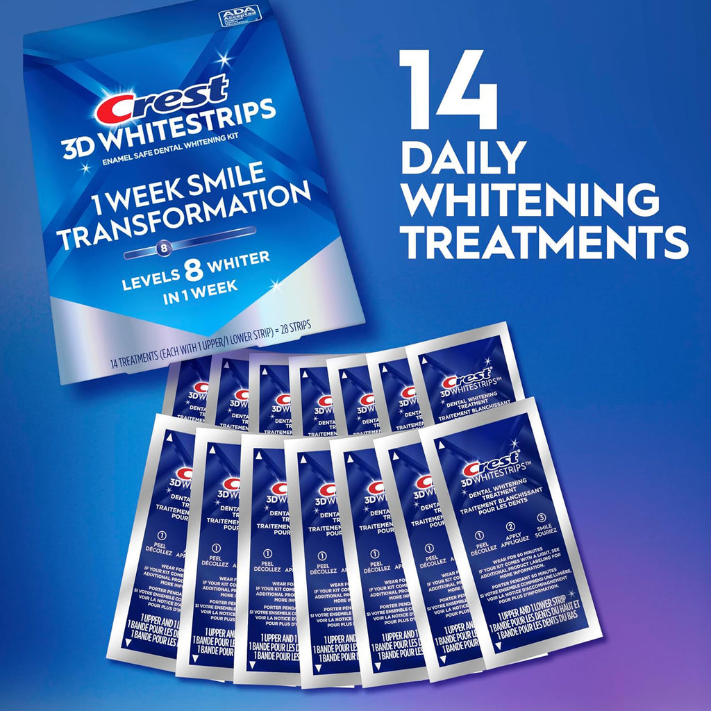 Crest 3D Whitestrips daily whitening treatment packaging shown on a blue gradient background, with one box, several individual sachets, and large text reading '14 DAILY WHITENING TREATMENTS.'.
