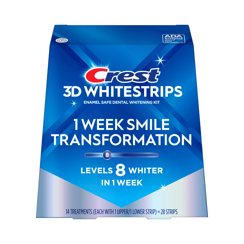 Crest 3D Whitestrips 1 Week Smile Transformation kit packaging, featuring a blue box with white and red branding and text indicating enamel safe dental whitening.