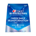 Crest 3D Whitestrips 1 Week Smile Transformation kit packaging, featuring a blue box with white and red branding and text indicating enamel safe dental whitening.