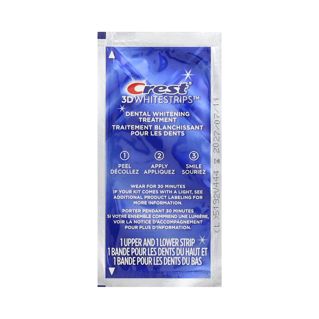 A single packet of Crest 3D Whitestrips dental whitening treatment, featuring a blue and white design with step-by-step application instructions.
