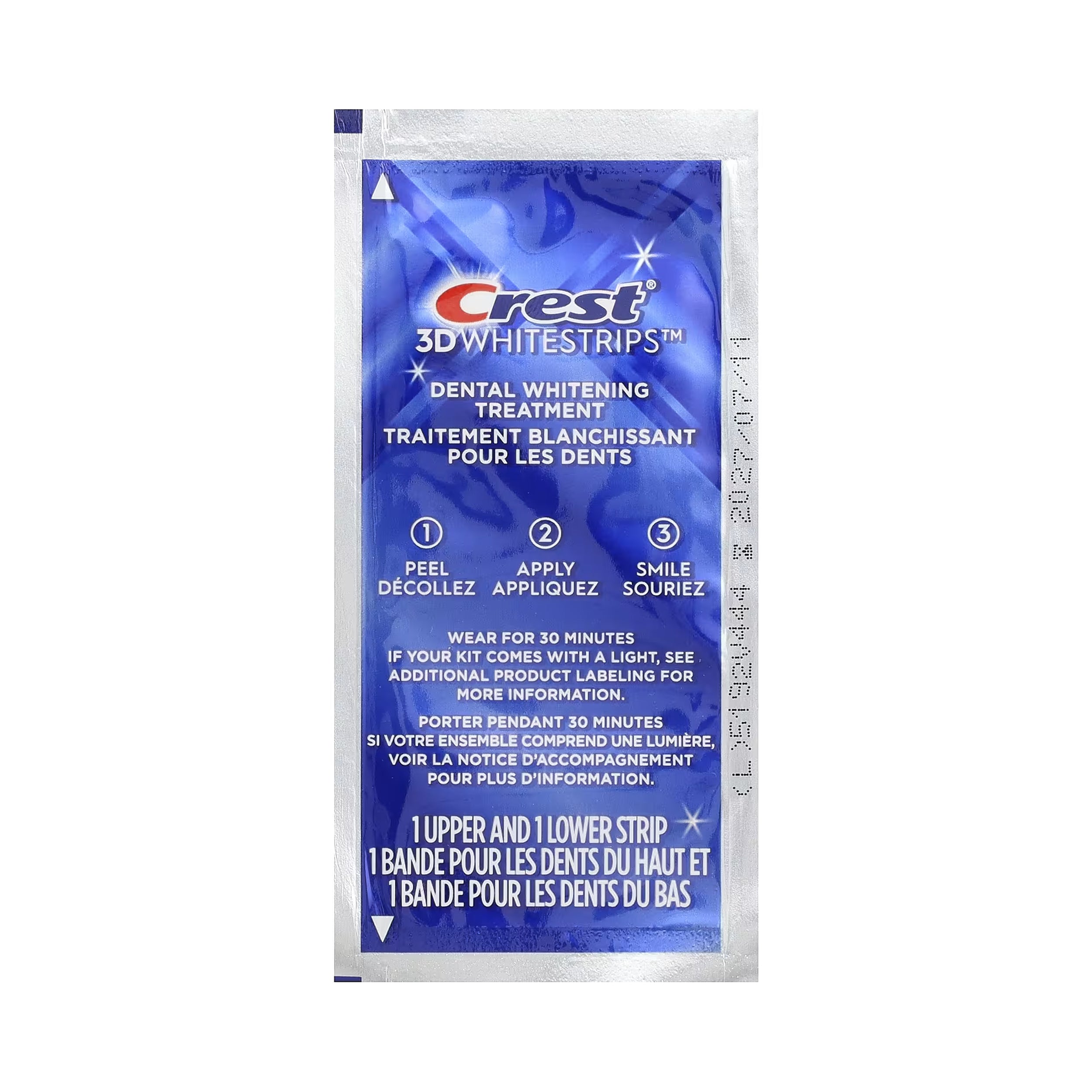 A single packet of Crest 3D Whitestrips dental whitening treatment, featuring a blue and white design with step-by-step application instructions.