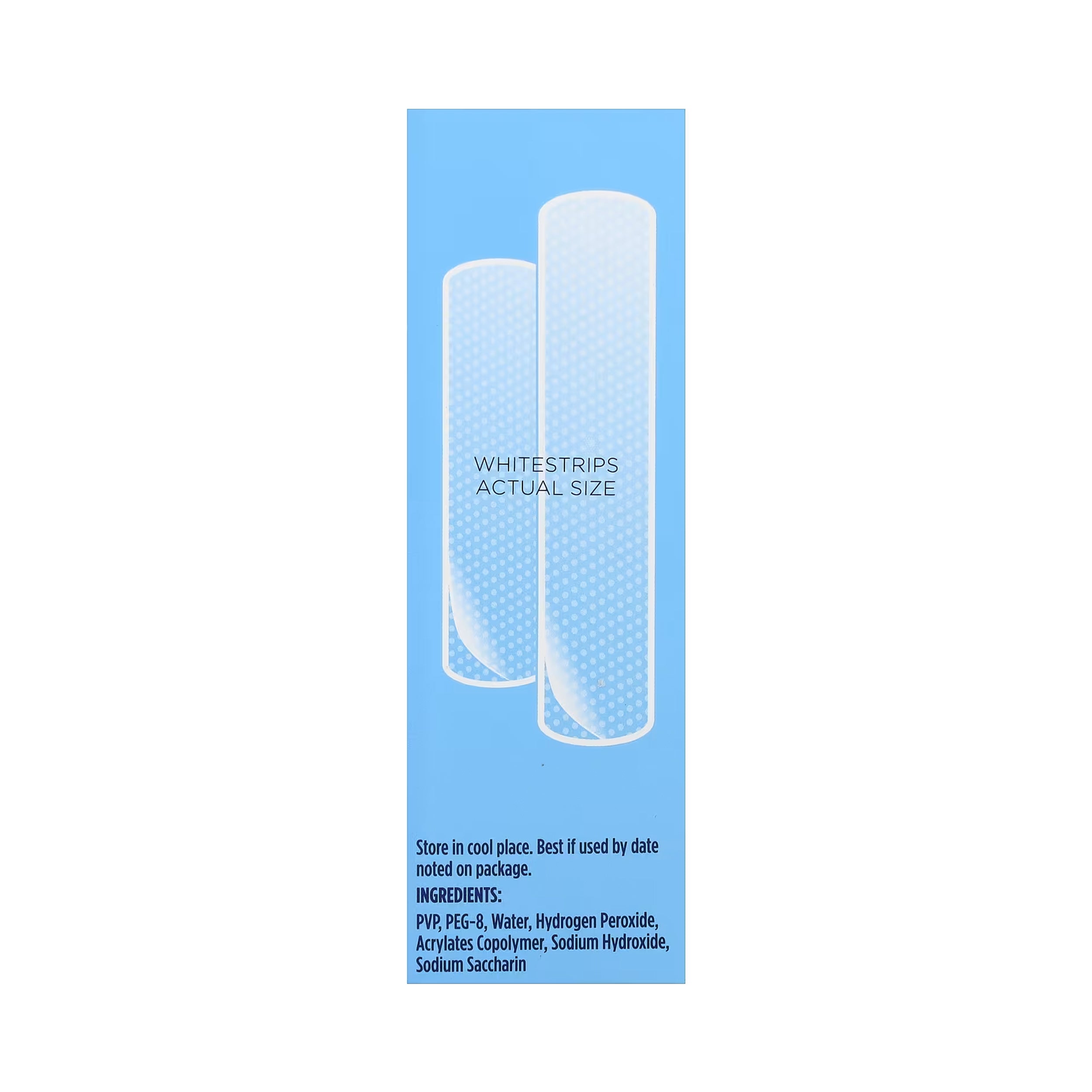 A tall, narrow light blue package insert or box front with white illustrations of two cylindrical whitestrips and printed text reading 'WHITESTrips ACTUAL SIZE' plus smaller usage/storage text at the bottom, centered on a white background.