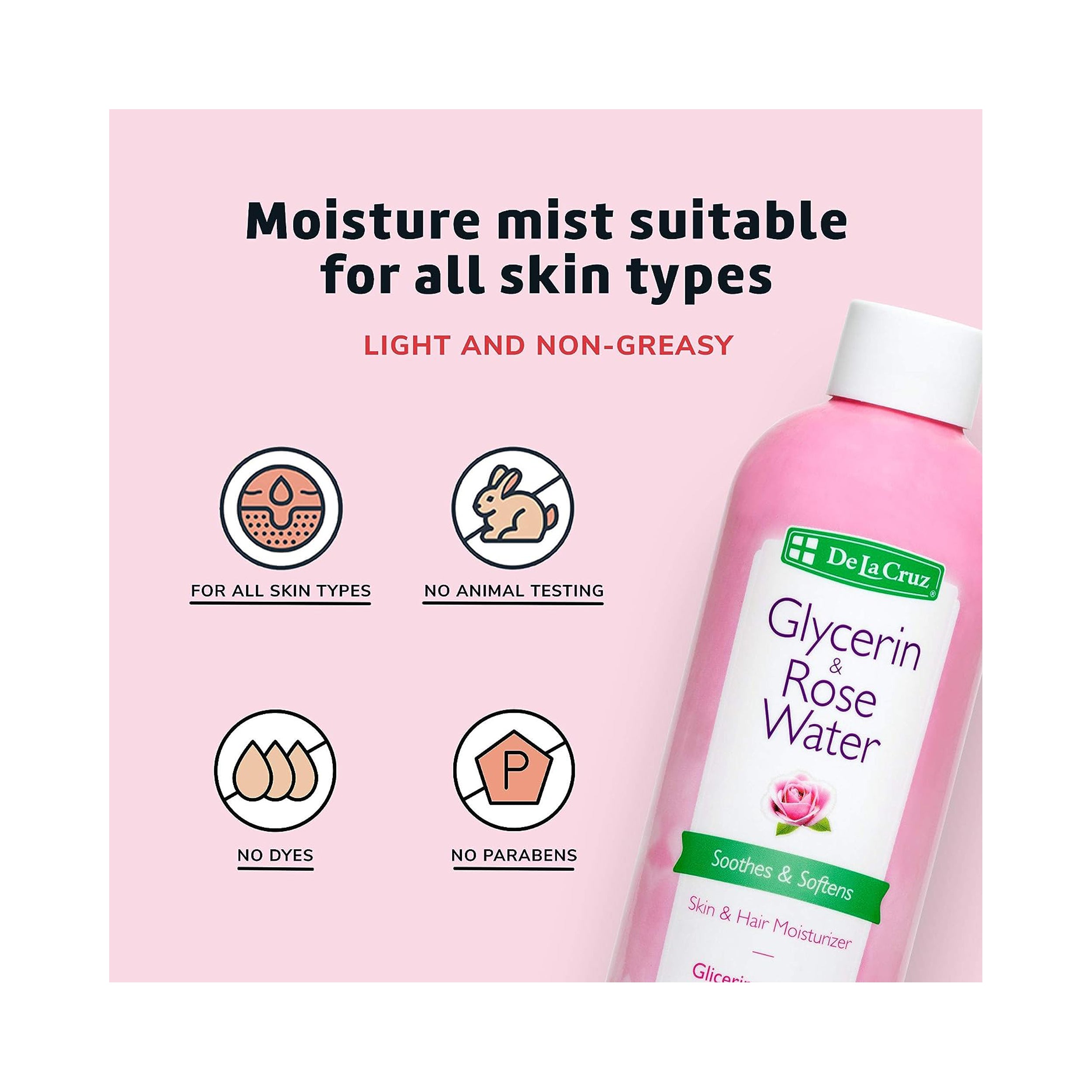 De La Cruz Glycerin Rose Water Skin Hair Moisturizer 236 mL