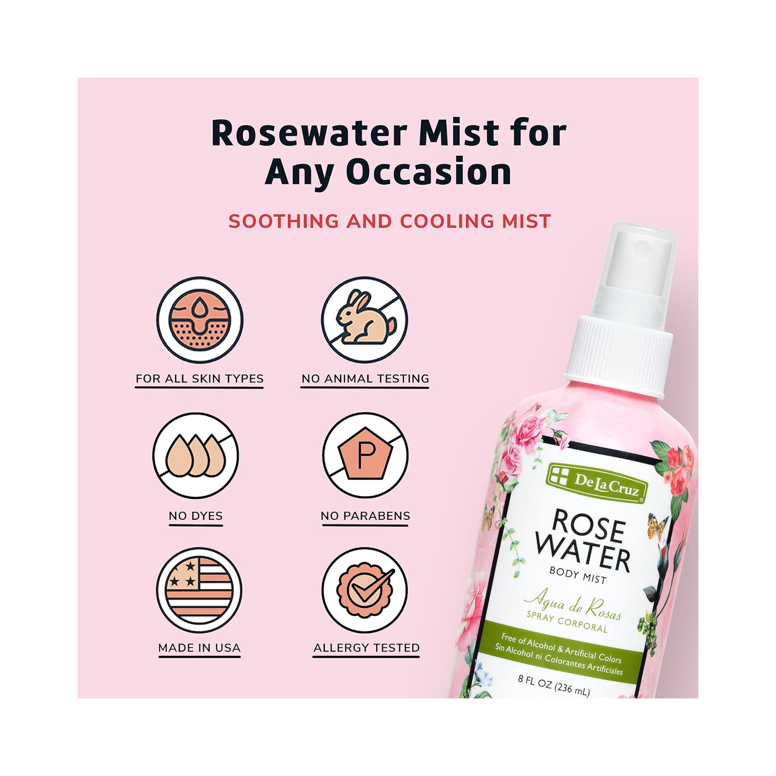 De La Cruz Rose Water Body Mist 236 mL