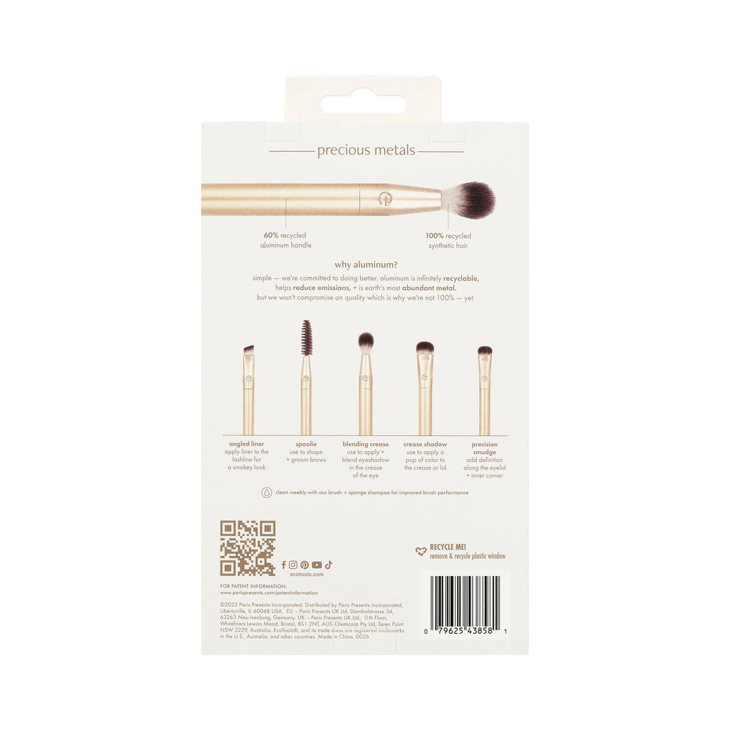 Packaging of makeup brushes with product details on a white background