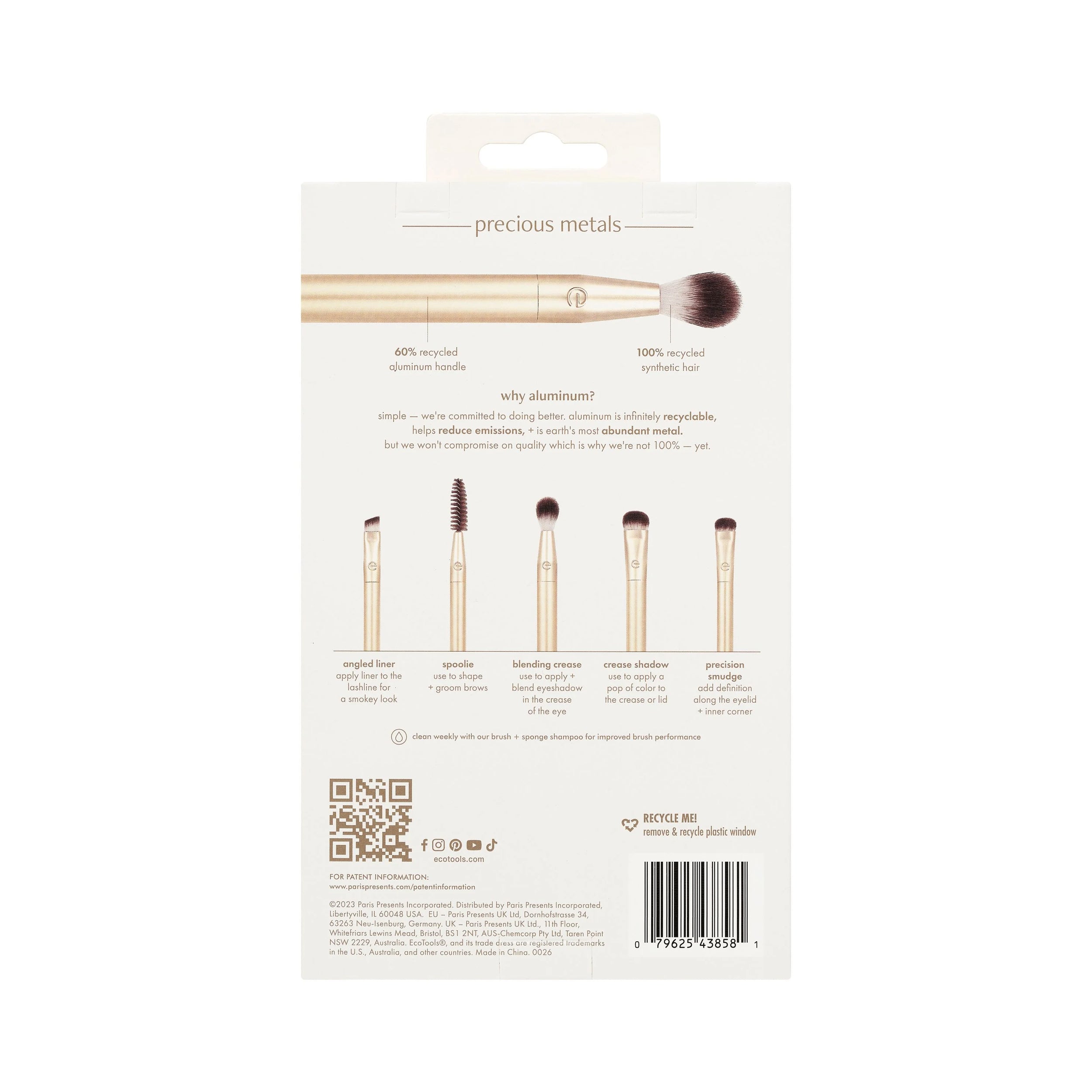Packaging of makeup brushes with product details on a white background