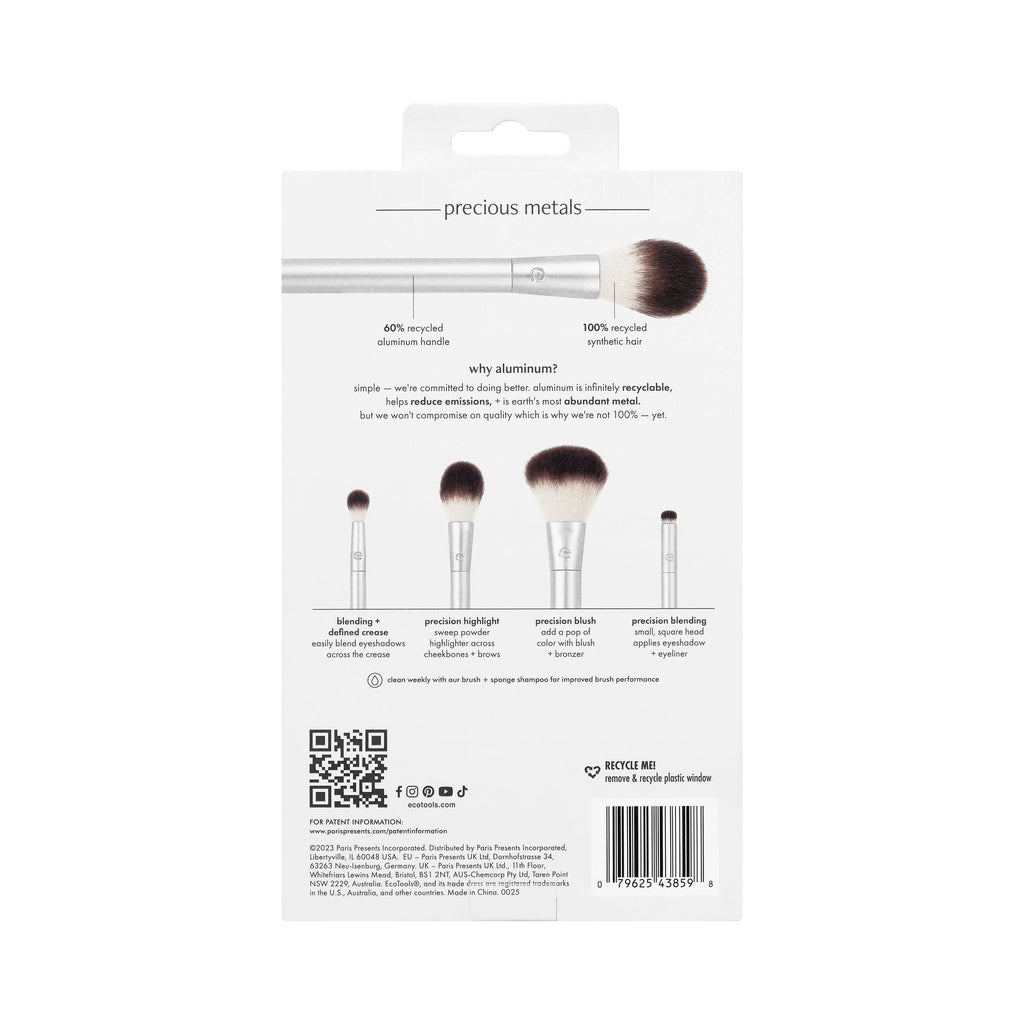 Packaging of makeup brushes with product details on a white background
