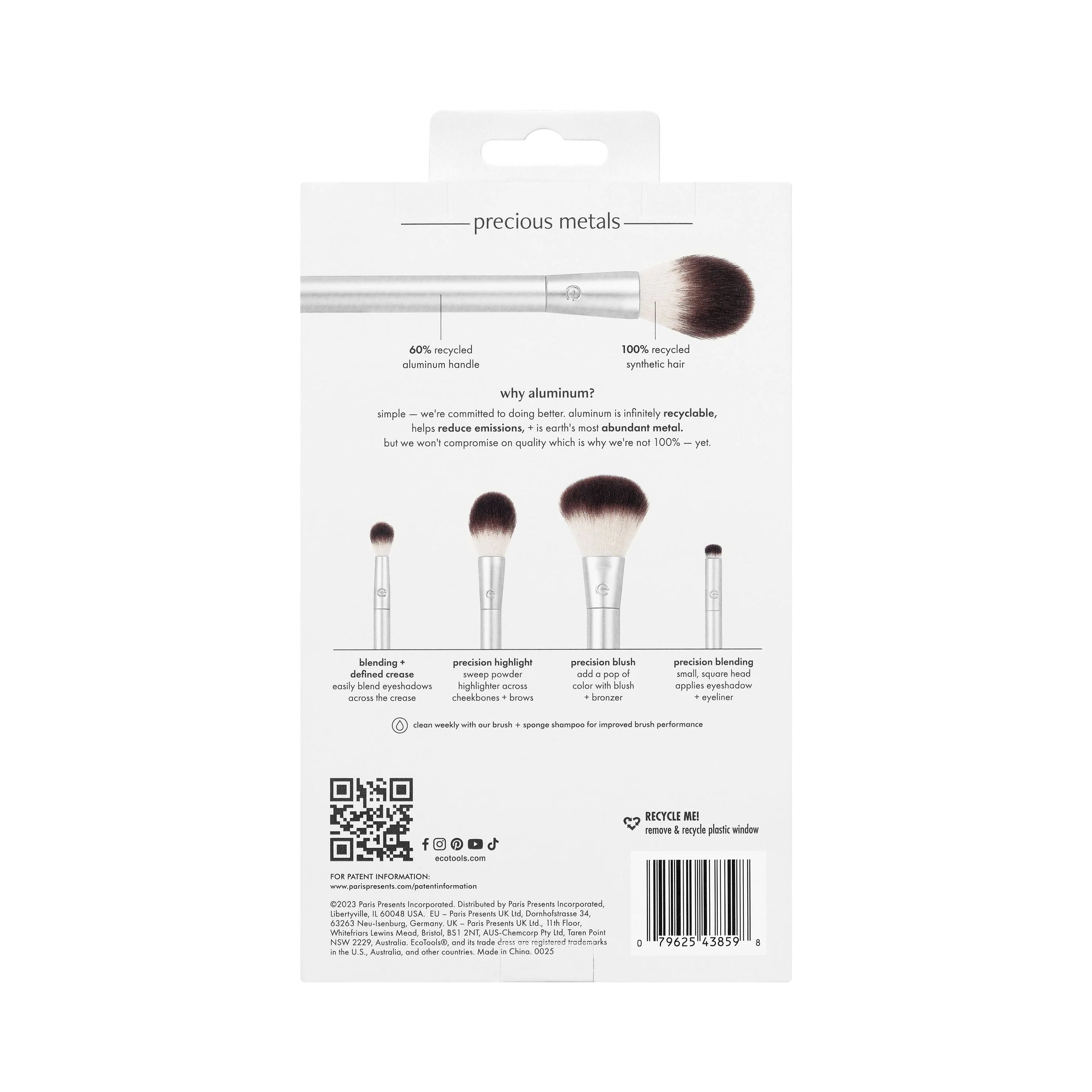 Packaging of makeup brushes with product details on a white background